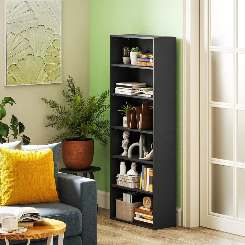 Six Shelf Bookcase, Adjustable Shelves Sturdy Particle Board, Black