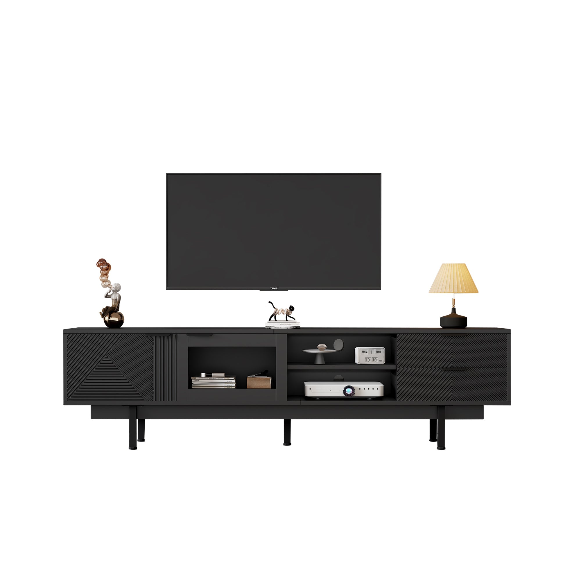 TV Cabinet, 2-Door 2-Drawer Lowboard TV Stand for 80-Inch TVs, Black