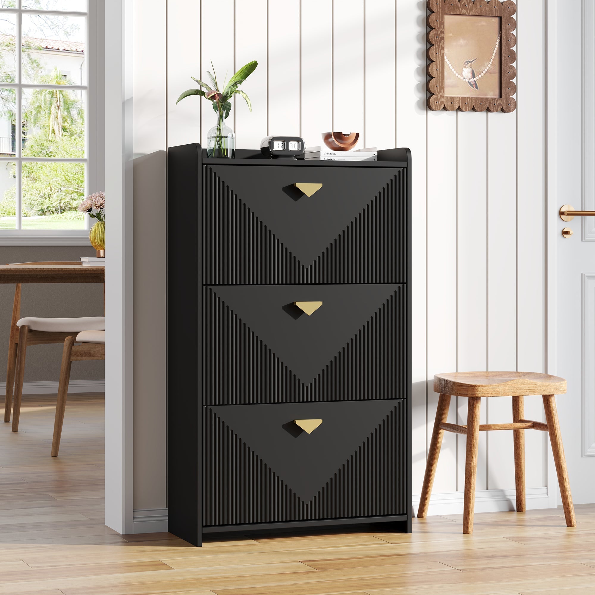 Shoe Cabinet 70x30x120cm 3 Drop-Down Doors 6 Compartments Adjustable Width Black