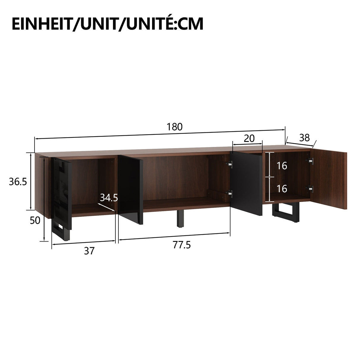 TV Cabinet Low 4 Doors 180x38x50cm - Vintage Wood Grain
