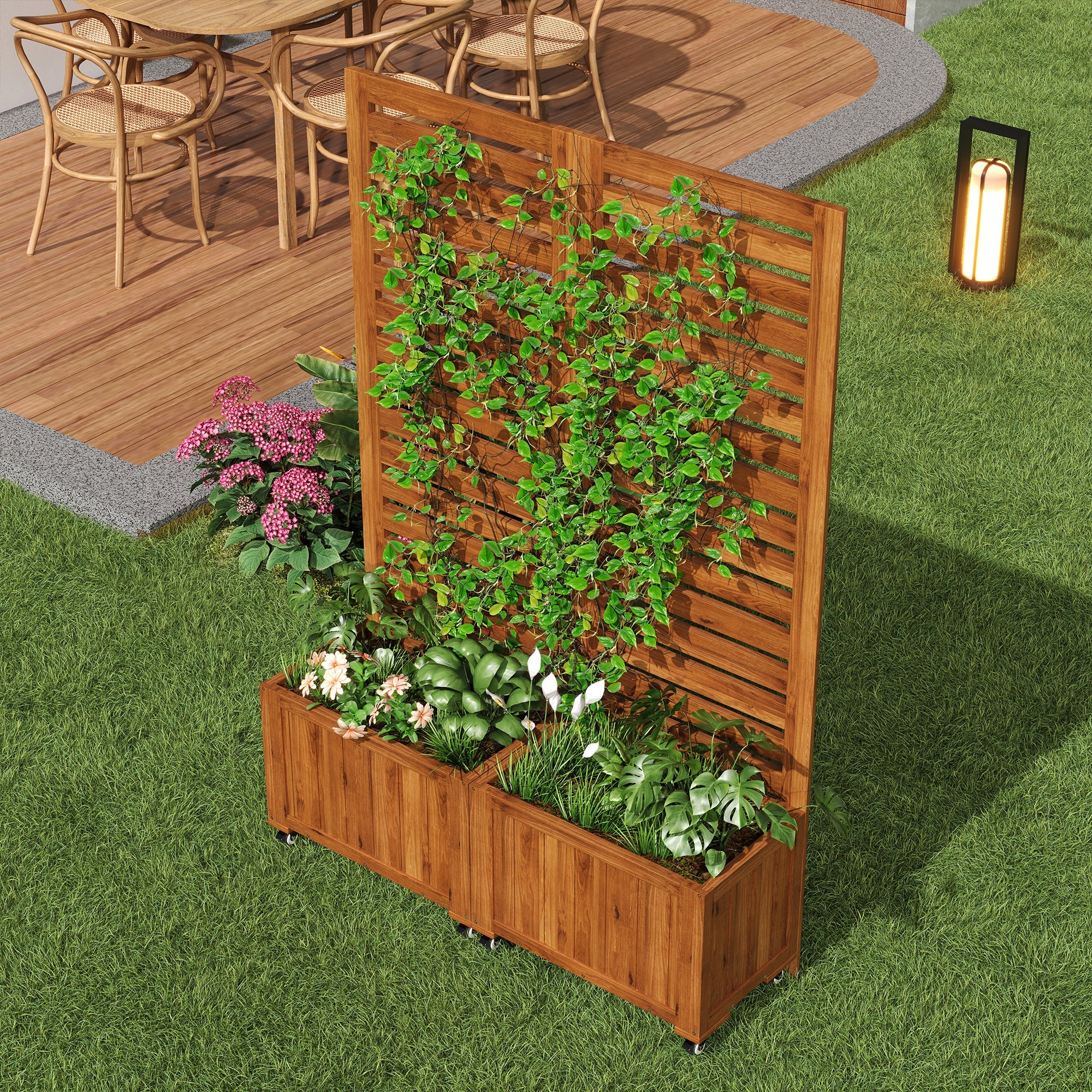 Planter Box with Trellis & Folding Wheels - Brown Solid Wood