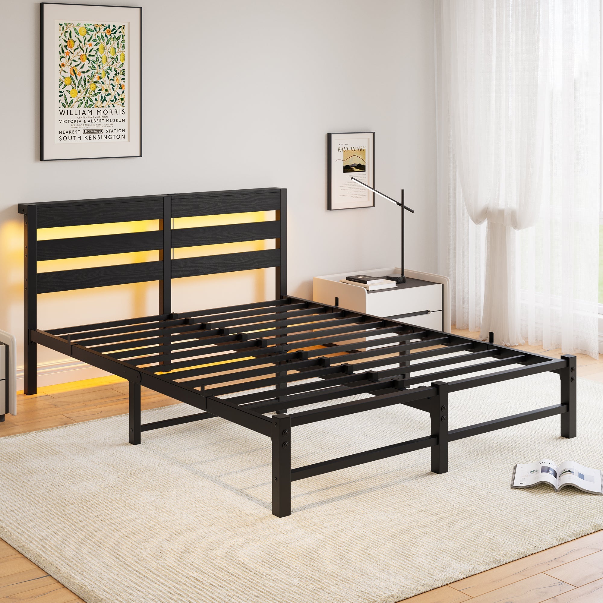 Metal Bed Frame 140x200 with LED Lights, USB Charging & Under-Bed Storage, Metal