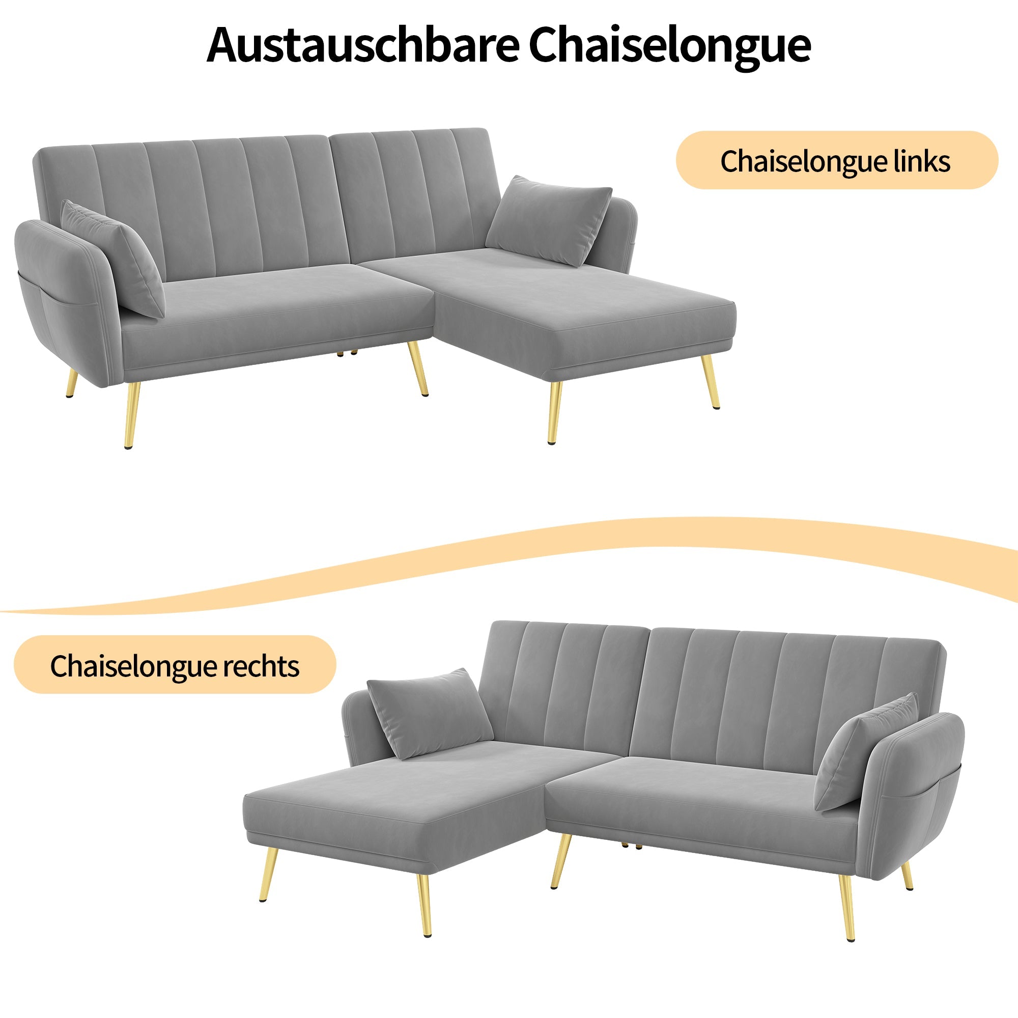 Modern L-Shaped Fold-Out Sleeper Sofa with 3-Position Adjustable Backrest, Velvet