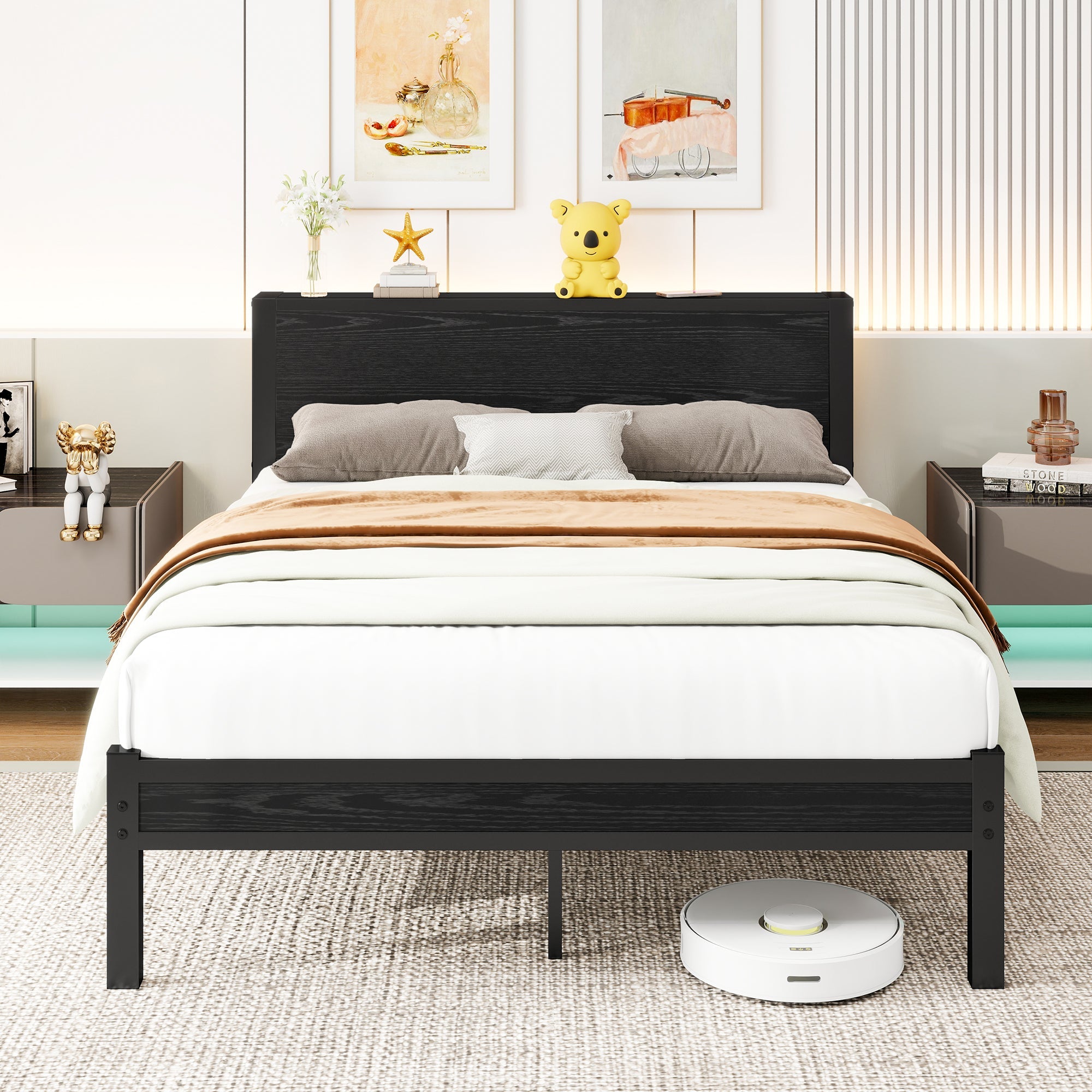 Metal Bed Frame 140x200cm Storage Headboard Noiseless - Black