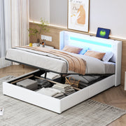 Upholstered Bed 140x200cm, LED & Bluetooth, Storage, White PU Leather