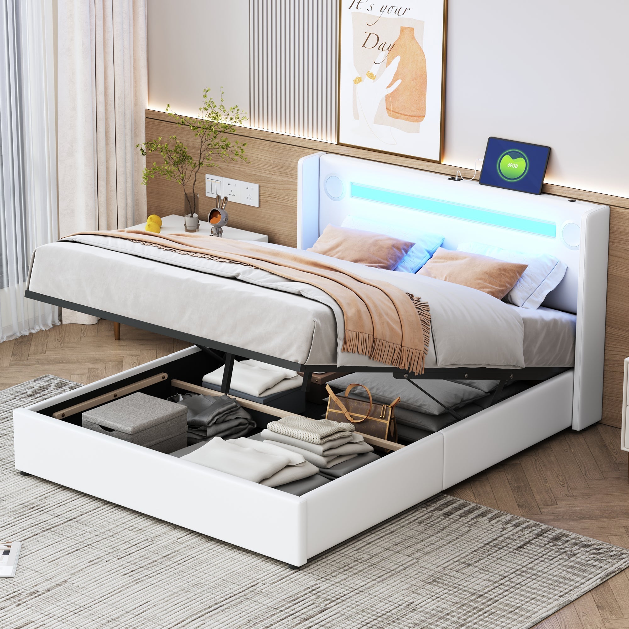 Upholstered Bed 140x200cm, LED & Bluetooth, Storage, White PU Leather