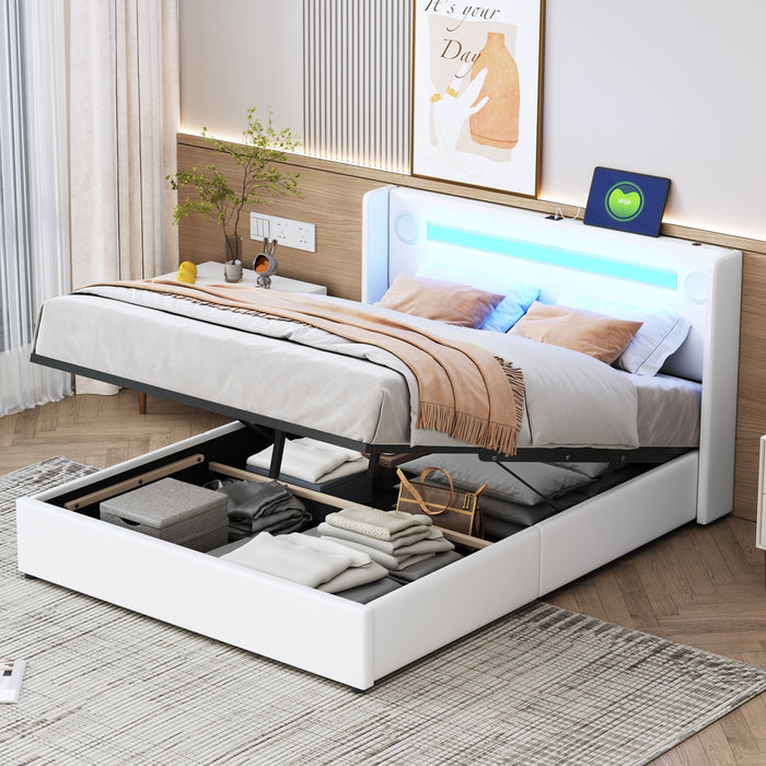 Upholstered Bed 140x200cm, LED & Bluetooth, Storage, White PU Leather