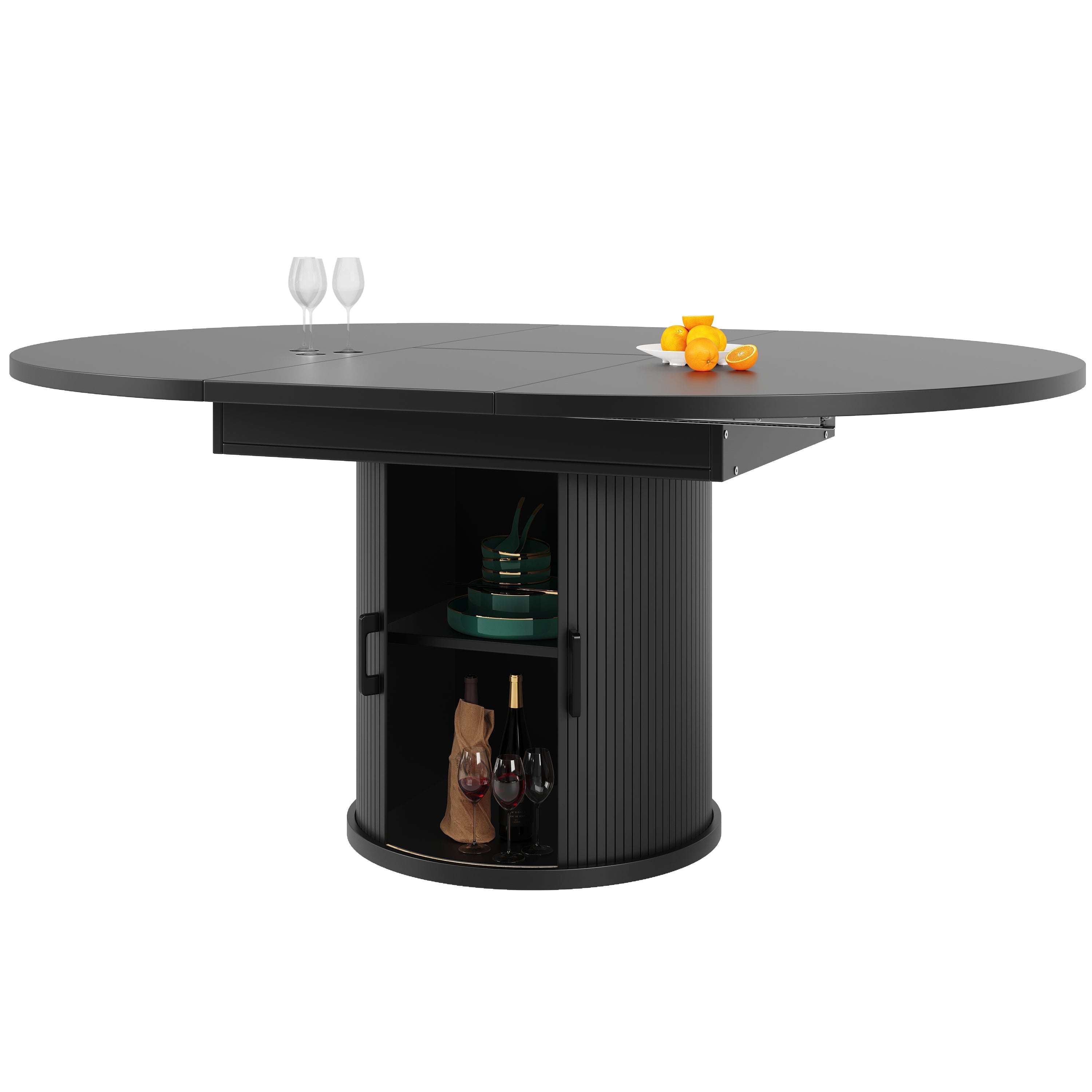 Round Extendable Dining Table, 118-158 cm Oval Tabletop for 6 People, Walnut and Black