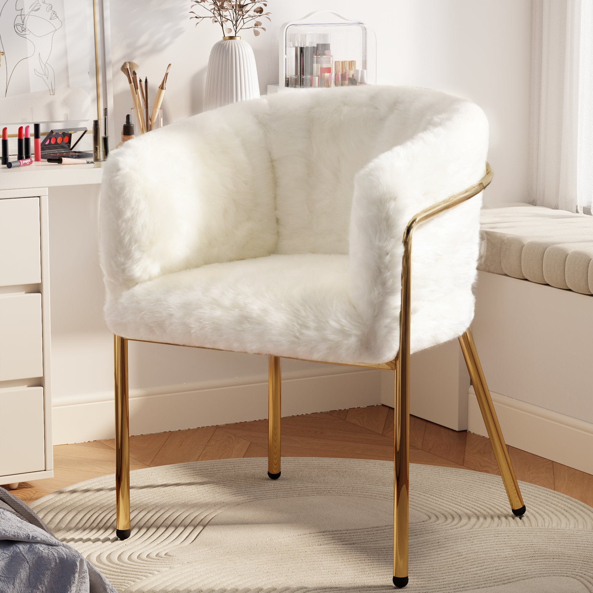 Leisure Chair, Set of 4 Dining and Dressing Chairs with Metal Legs, Beige Imitation Rabbit Down