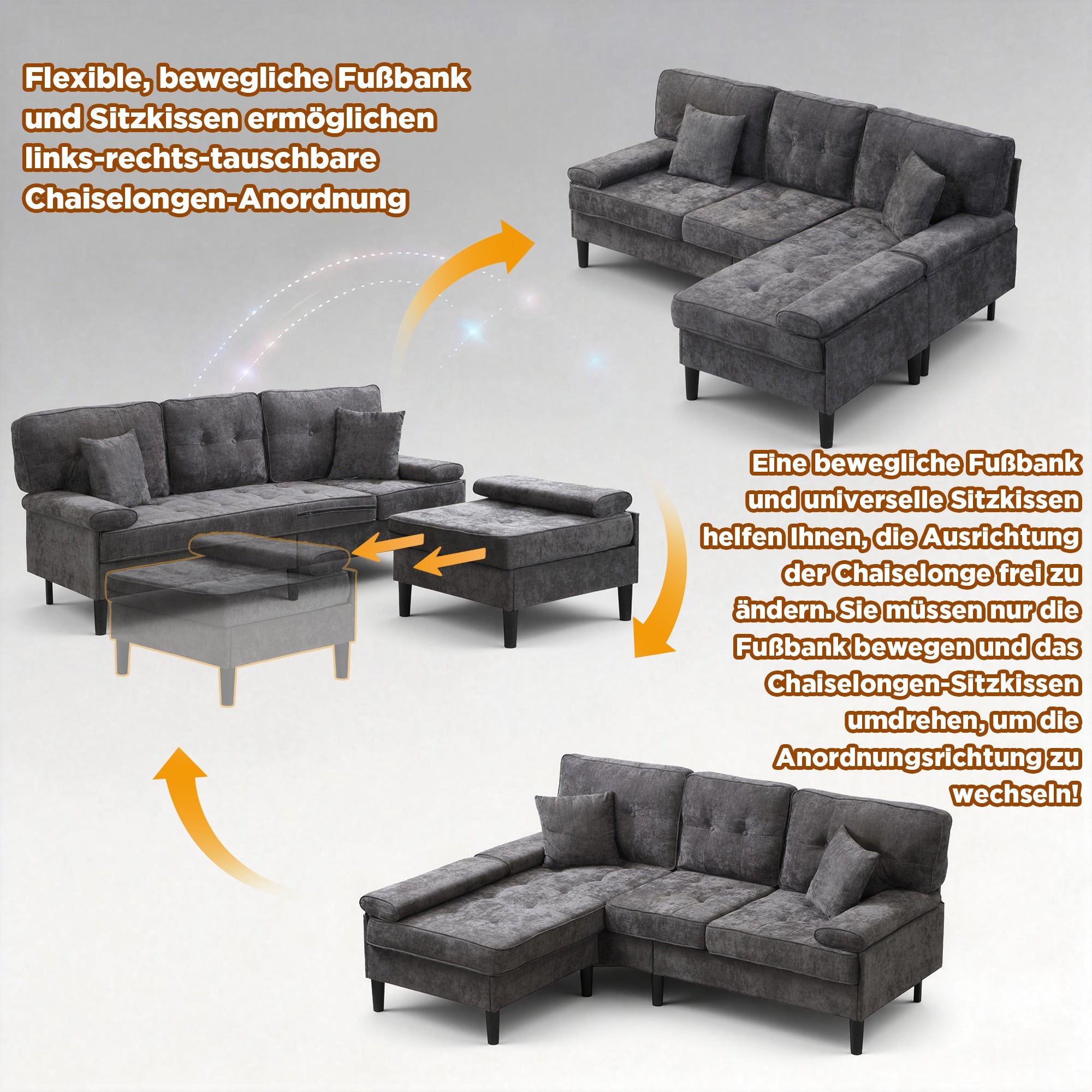 L-Shaped Corner Sofa with Sleeping Function and Movable Footrest, Chenille