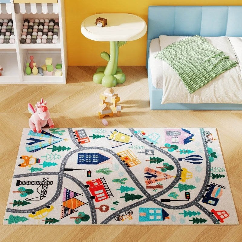 Highway Pattern Rug, Soft Fleece Easy Care, White Colorful