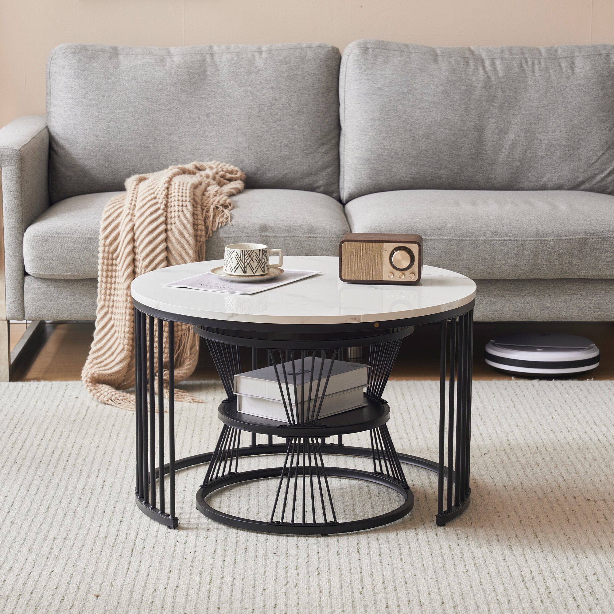 Modern Nesting Coffee Table, High Gloss Marbled, Set of 2, Black Frame