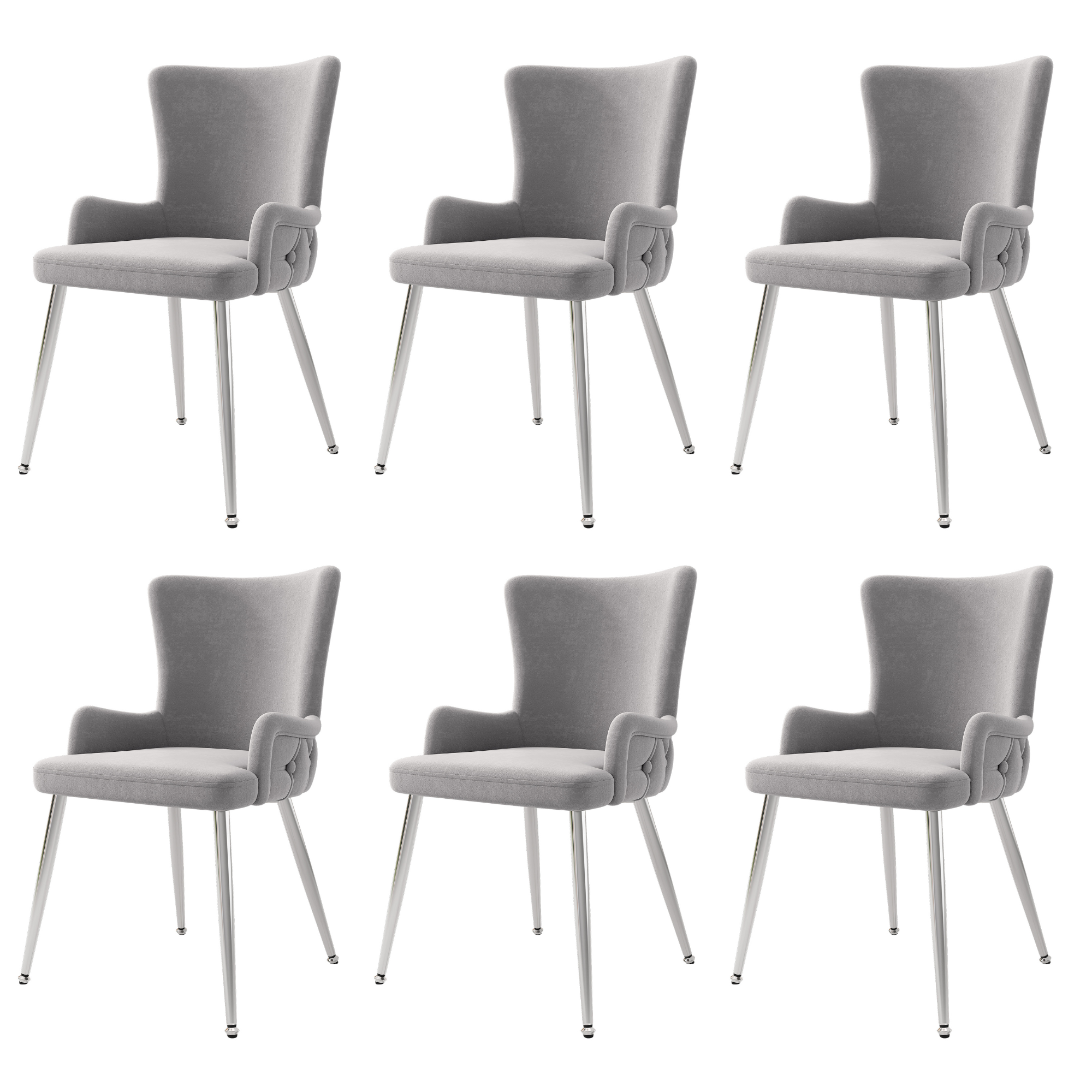 Velvet Dining Chair Set of 6, Luxurious Lounge Chair with Silver Metal Legs, Grey Velvet