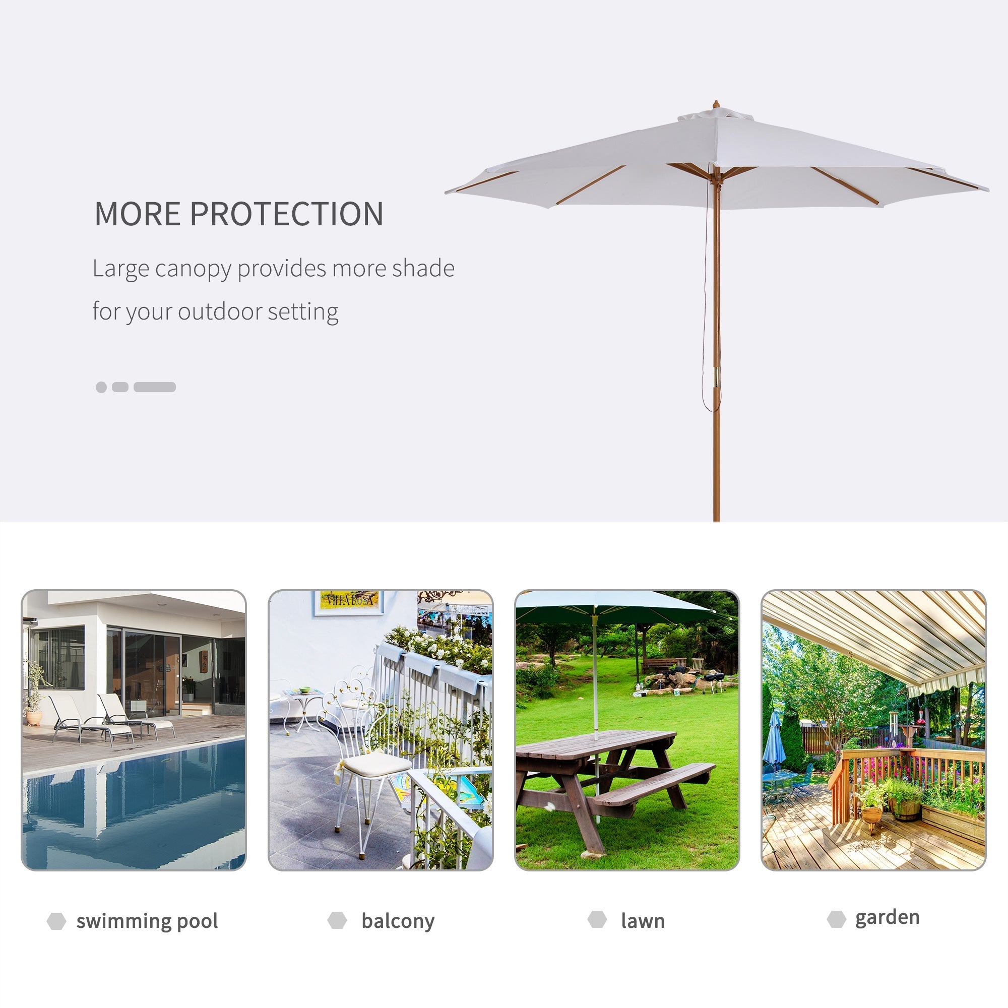 3m Garden Parasol Pulley Operated Market Umbrella Wooden Cream White