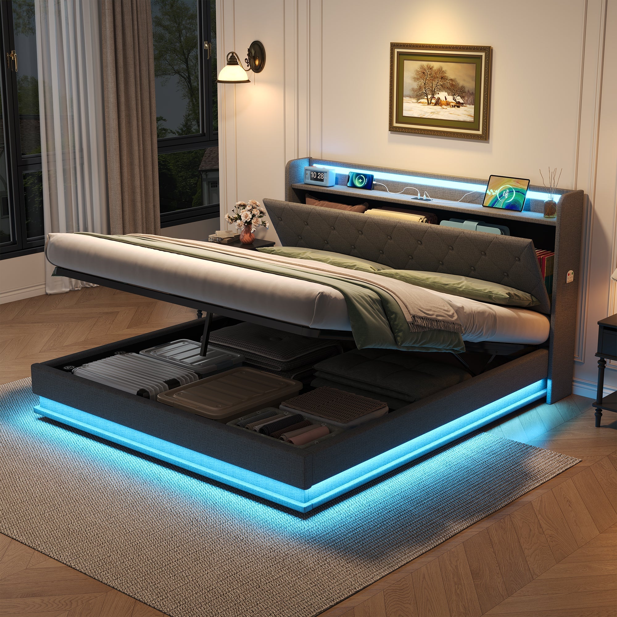 5ft King Upholstered Bed Frame with Hydraulic Storage, LED Button Tufted Headboard, USB and Type-C Ports, Linen, Grey