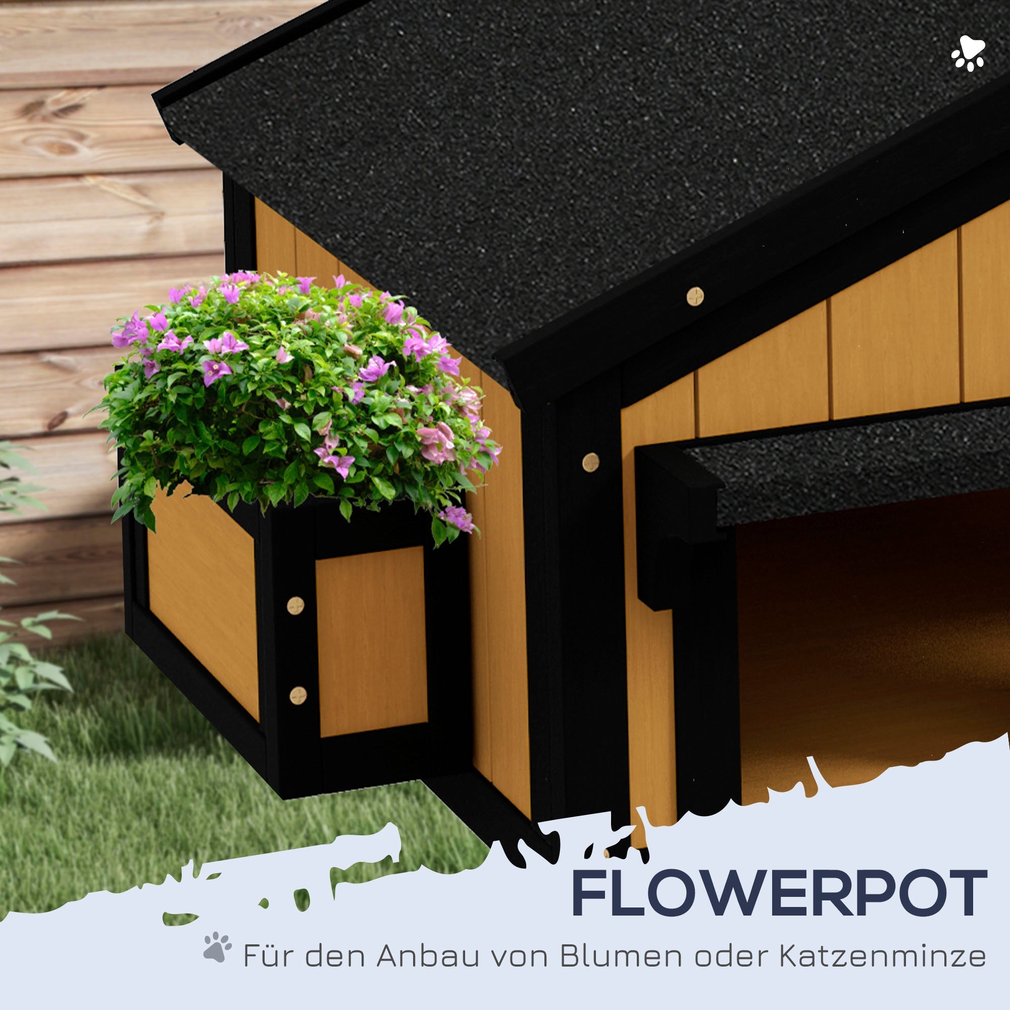 Katzenhaus, 2-stöckige Outdoor-Hütte mit Blumenkasten, Tannenholz Gelb