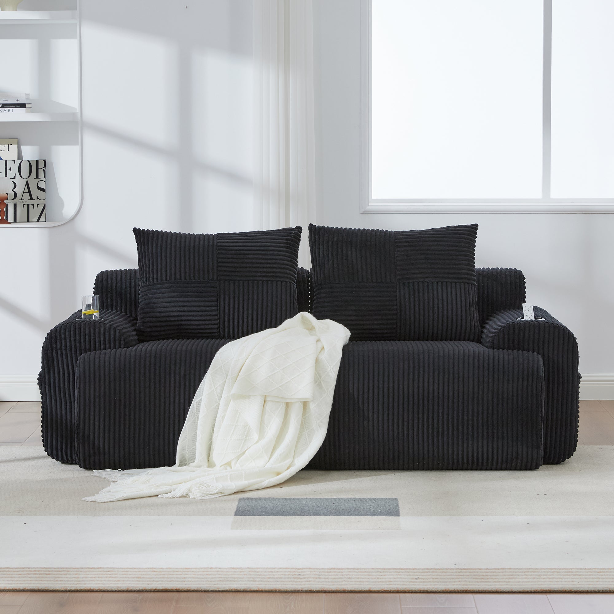 Modular Corduroy Sofa for 2 People, Combinable with Cup Holder and Storage Pocket, Black