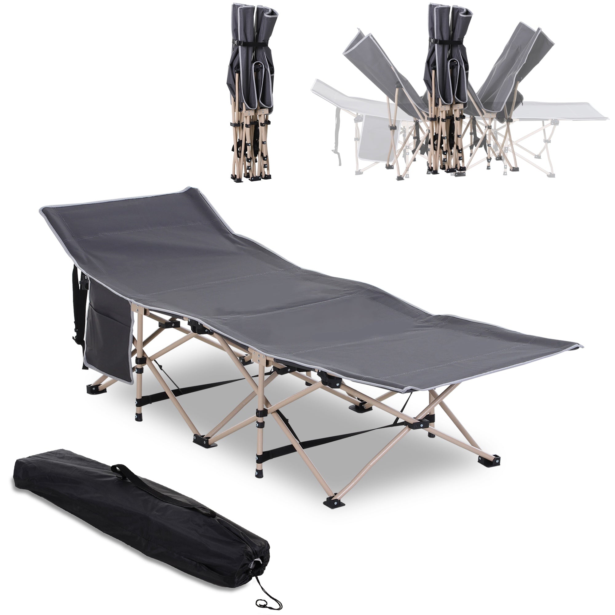 Camp Bed, Foldable Camping Lounger with Carry Bag, Steel Oxford Grey