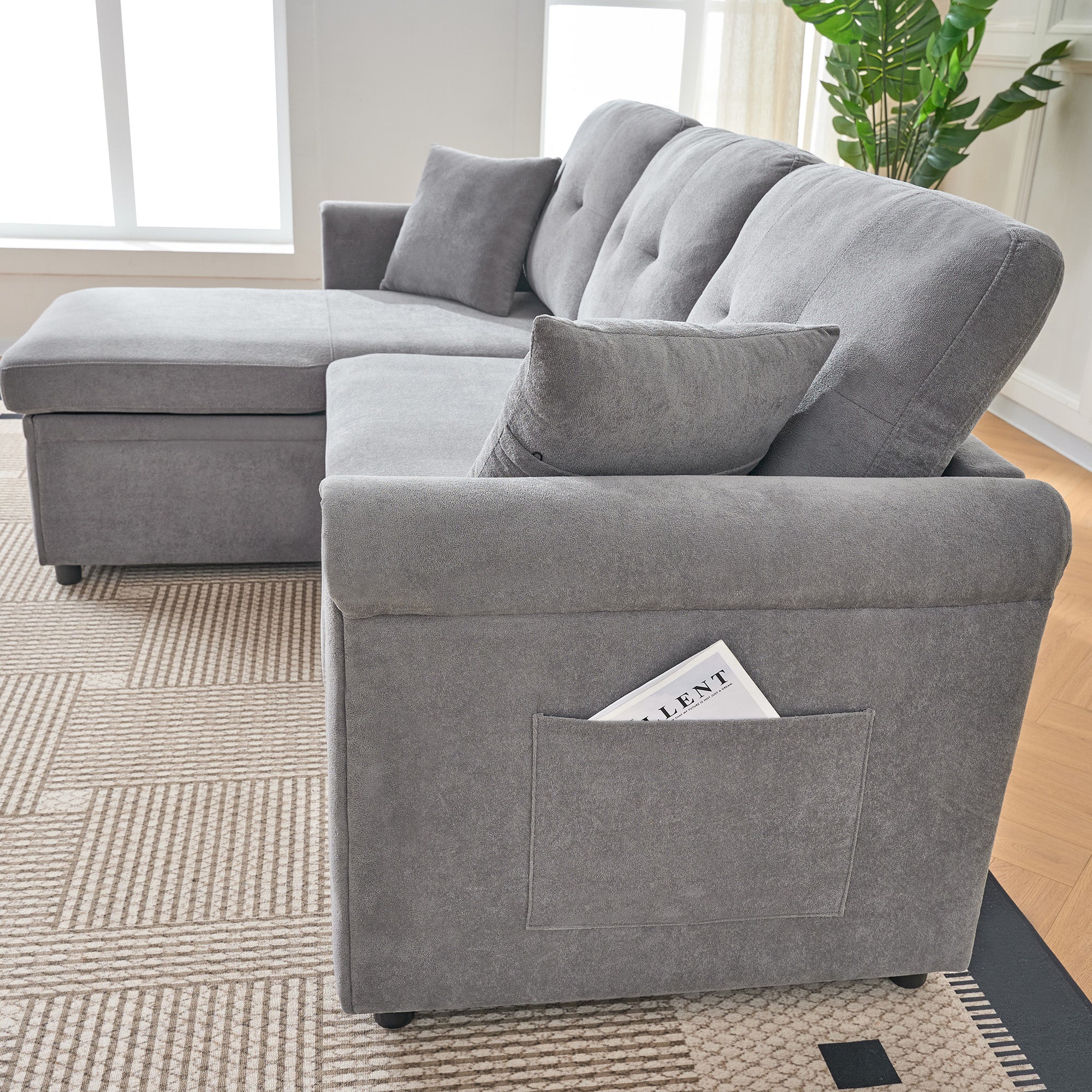 L-Shaped Corner Sofa Bed with Storage, Sleeping Function, Reversible, Chenille Grey