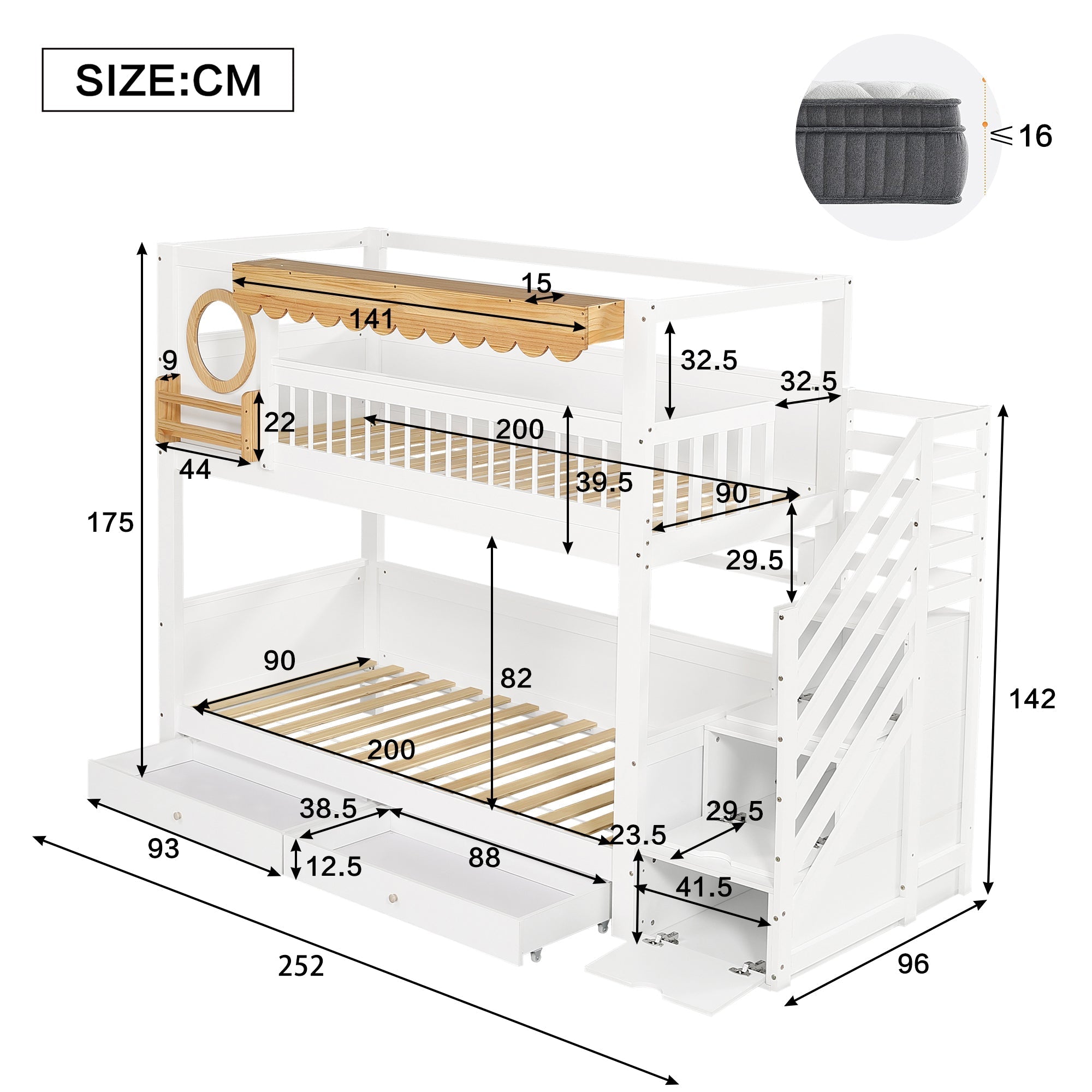Bunk Bed with Storage Drawers, Staircase Wardrobe, 90x200cm, Pine + MDF White/Natural