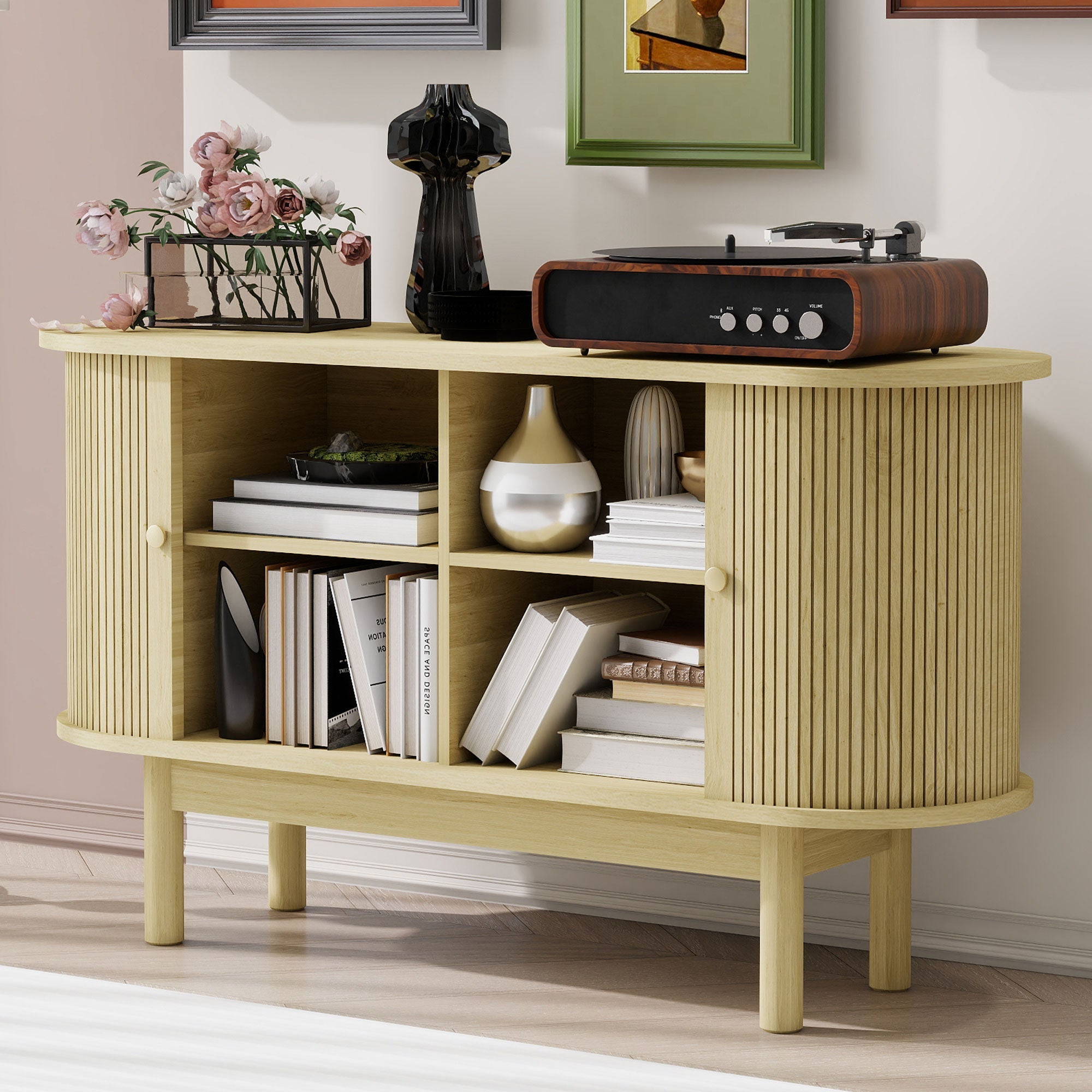 Sideboard, Retro Modern Slatted with Sliding Doors, 138cm Adjustable Shelves, Natural Wood