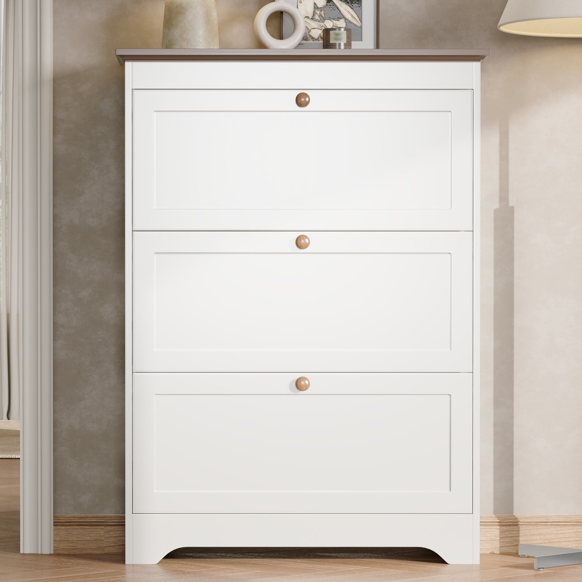 Shoe Cabinet with 3 Doors and Large Capacity, White Wood Look