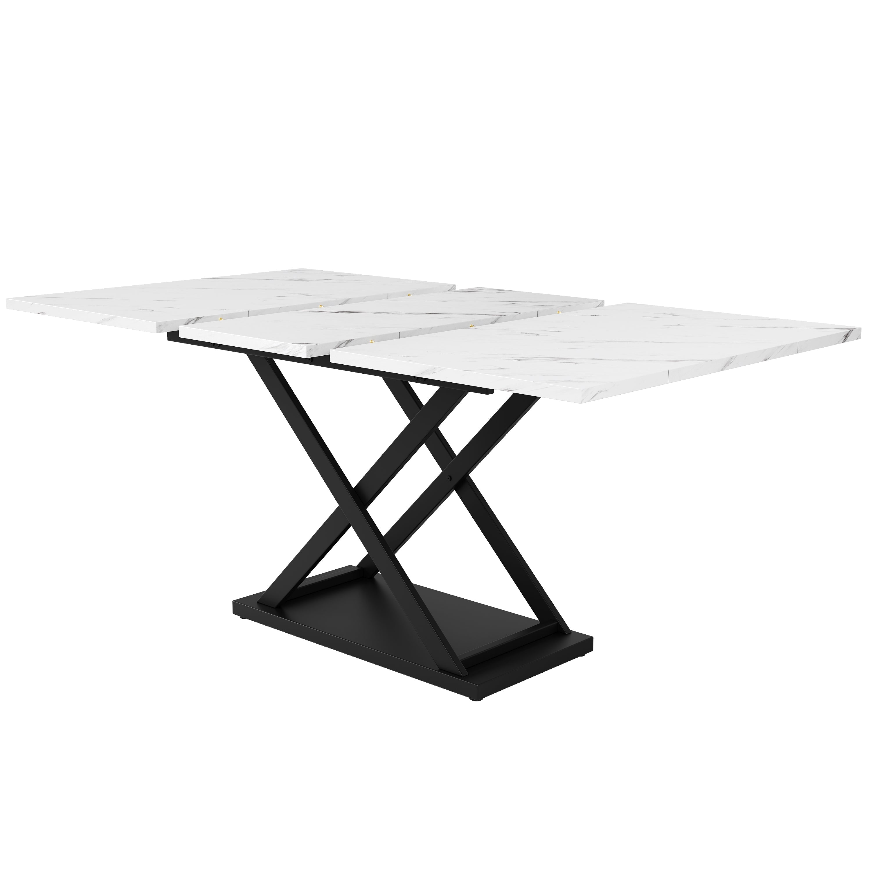 Telescopic Dining Table Extendable 120-160x80cm Crossed Iron Legs - White Marble/Black