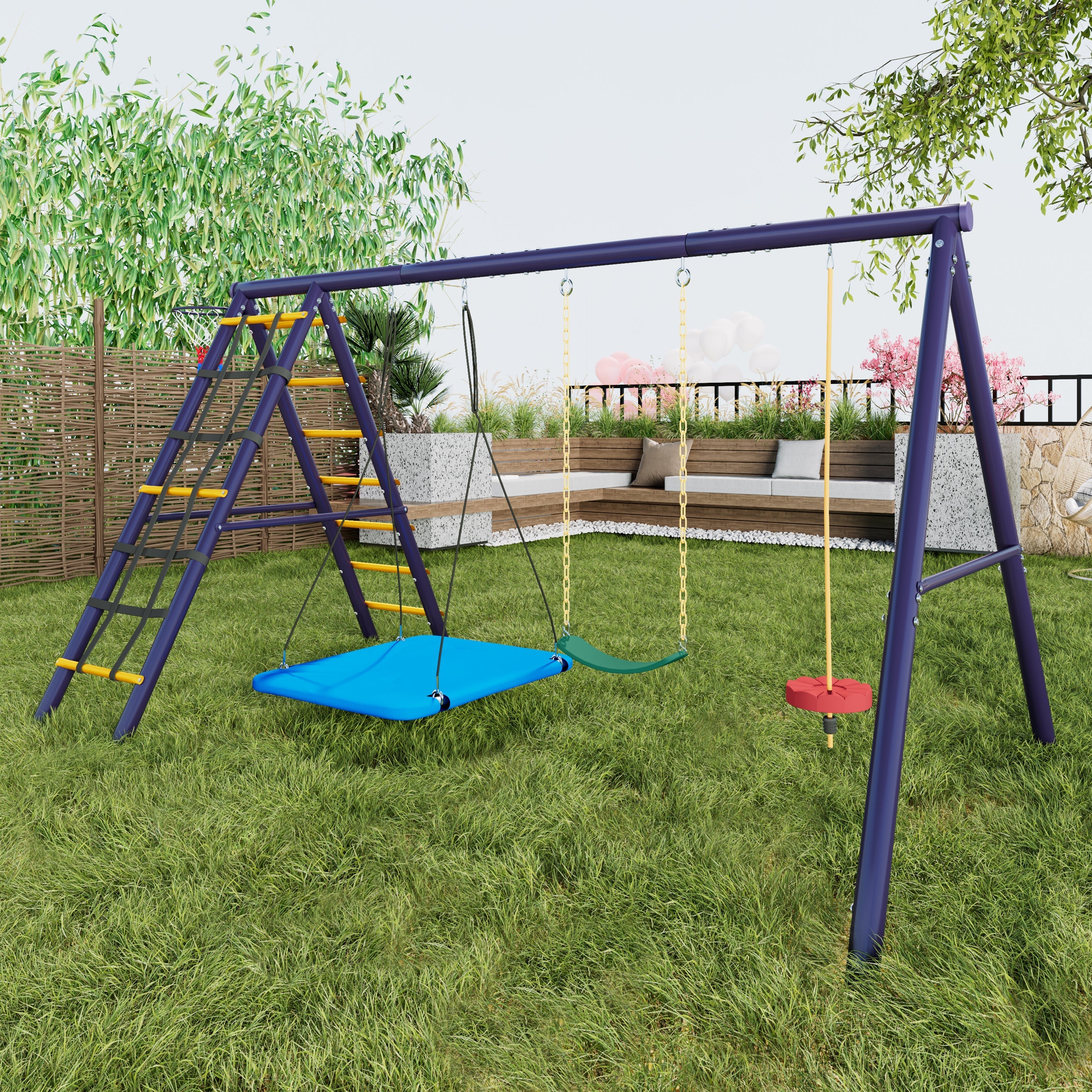 Multifunctional Outdoor Swing Set - 3 Swings, Climbing Frame, Basketball Hoop, Steel