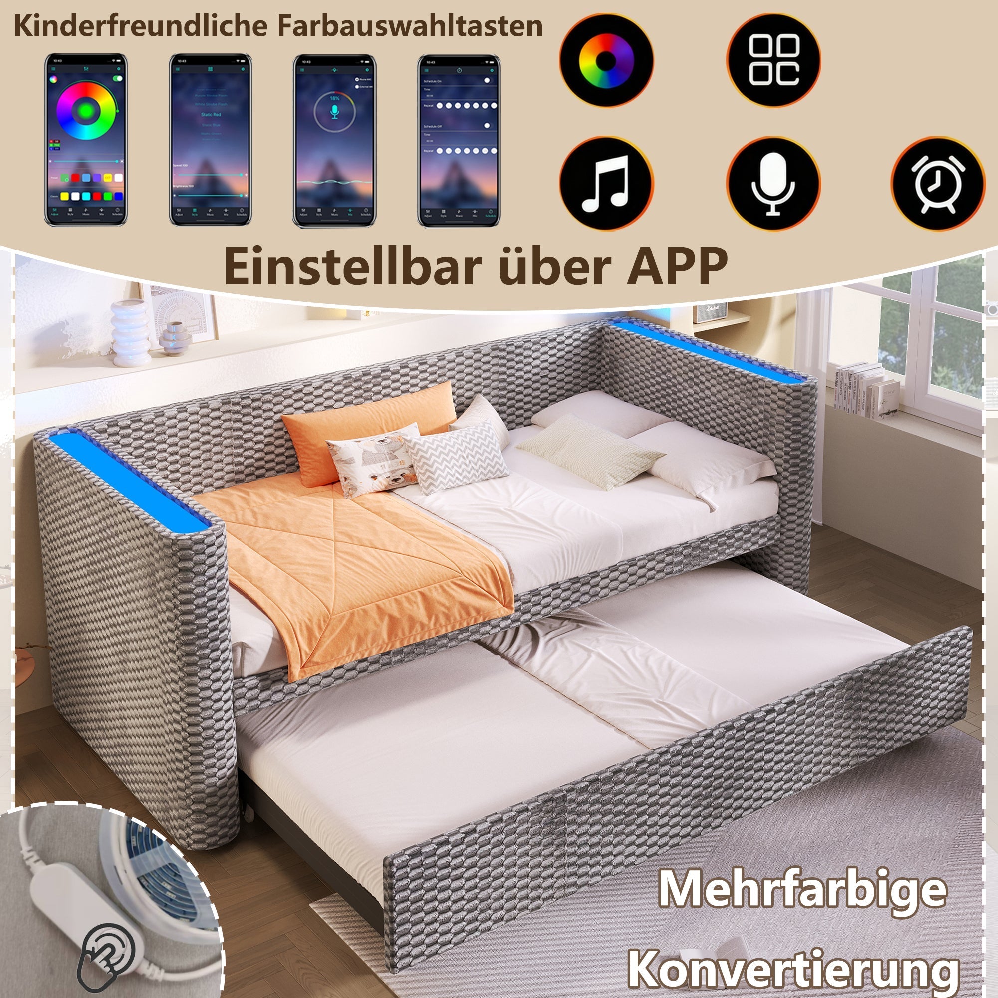 Daybed Sofa Bed 90x200/180x200cm Pull-out Multifunctional LED - Velvet Grey