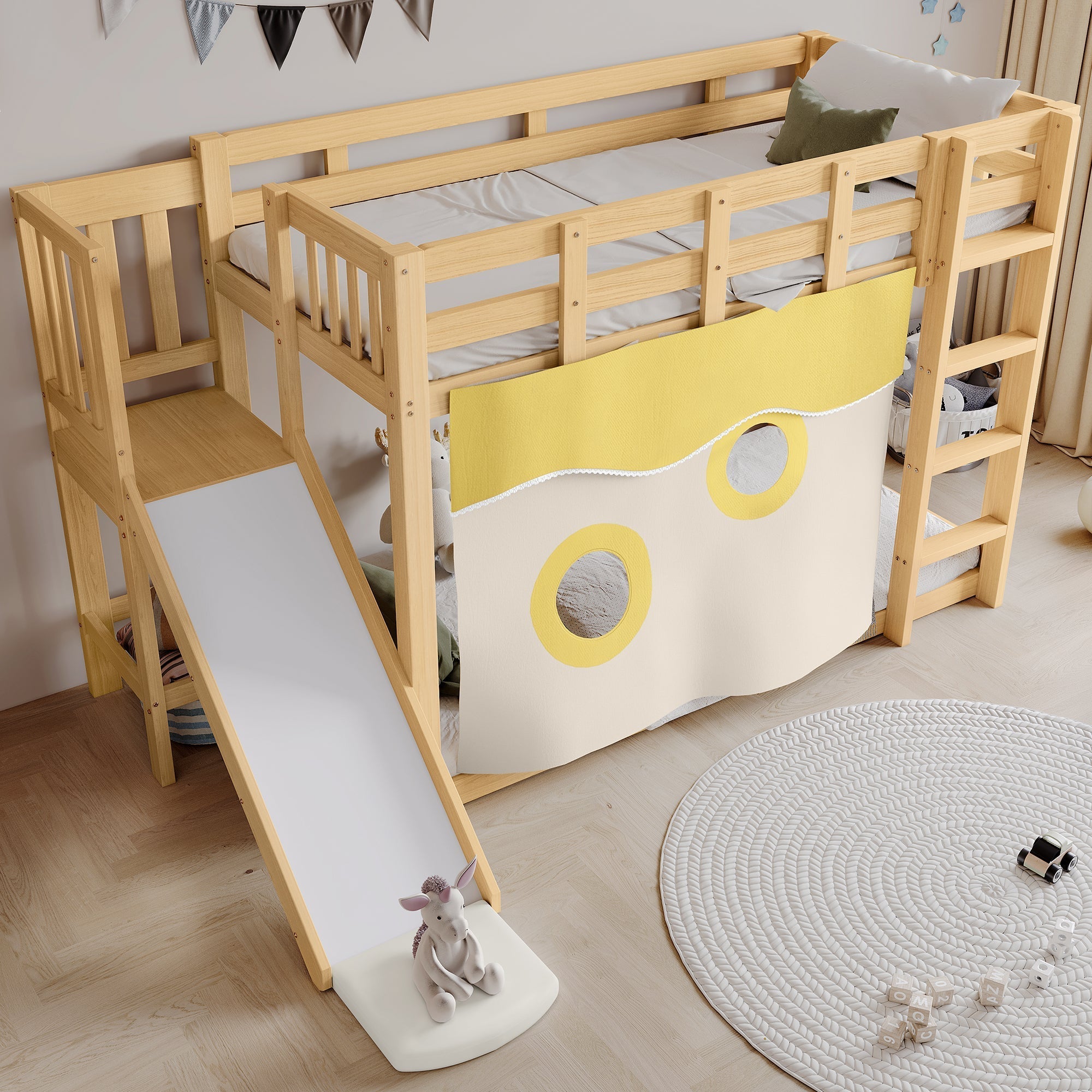 Bunk Bed 90x200cm with Slide, Stairs, Bed Curtain & Railing - Natural MDF/Pine