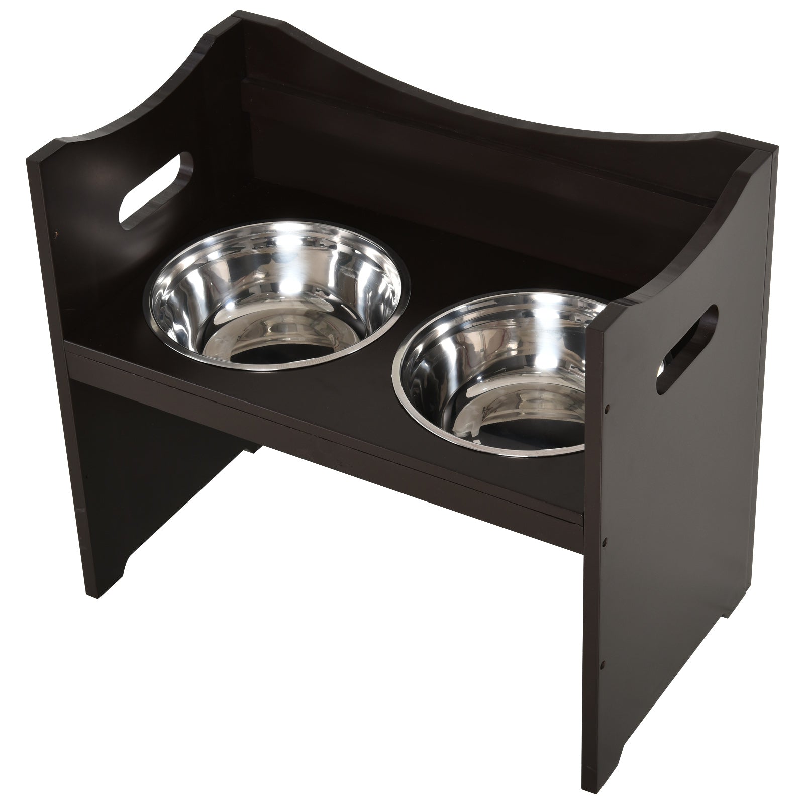Dog Bowl Feeding Station, Height-Adjustable, Stainless Steel, Dark Brown MDF