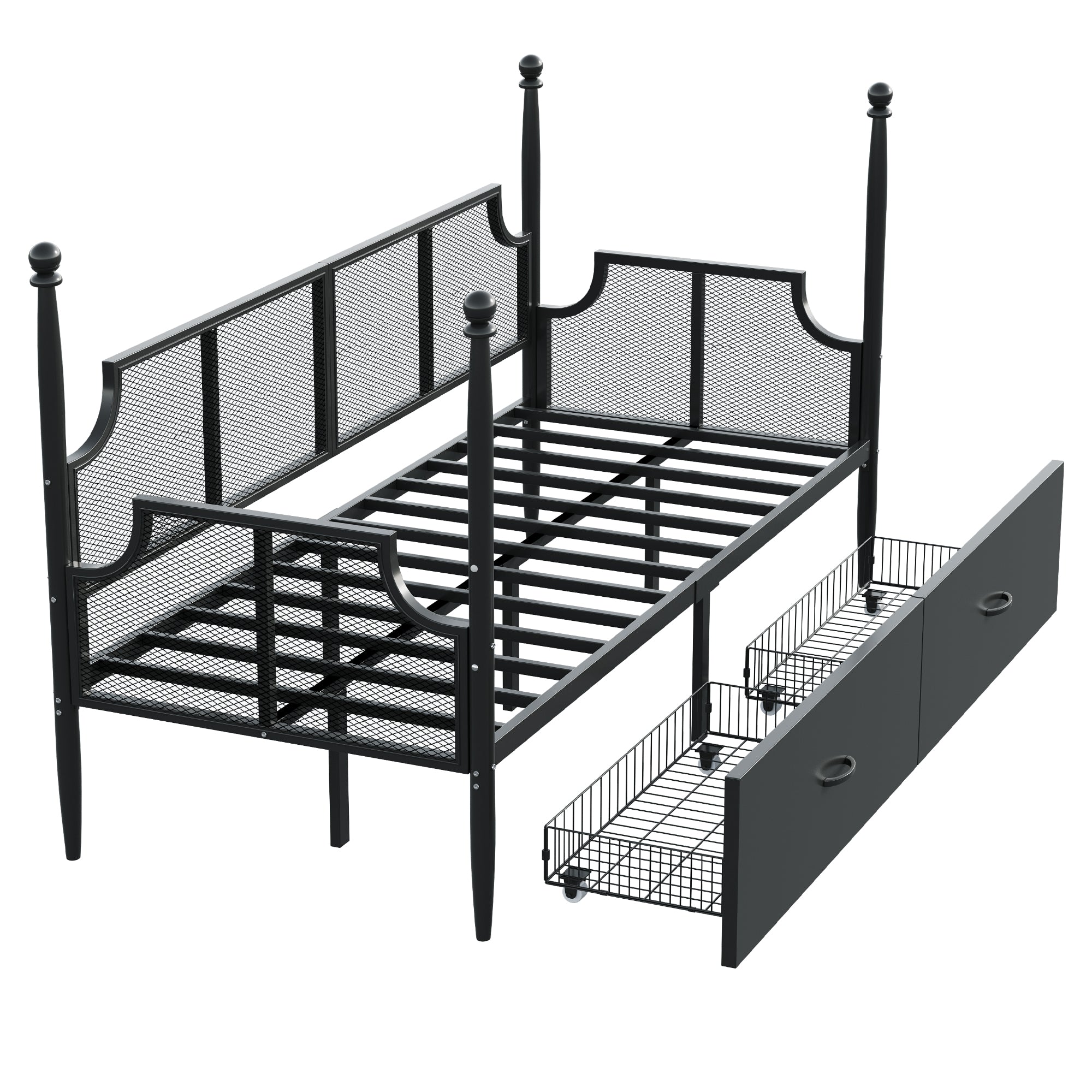 Iron Sofa Bed 90x200, Vintage Mesh with Storage, Black