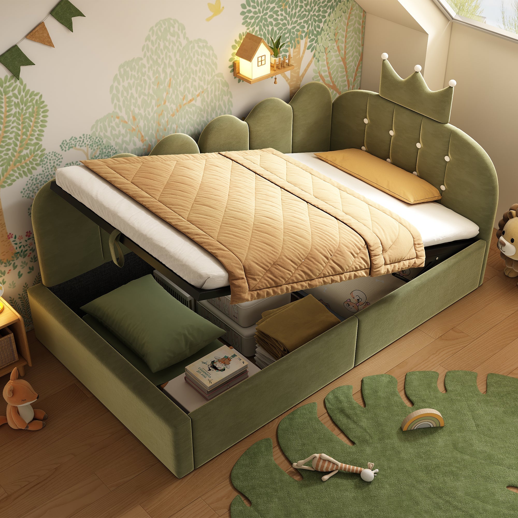 L-Shaped Upholstered Daybed with Hydraulic Storage and Crown-Lattice Design, 90x190cm, Green Velvet
