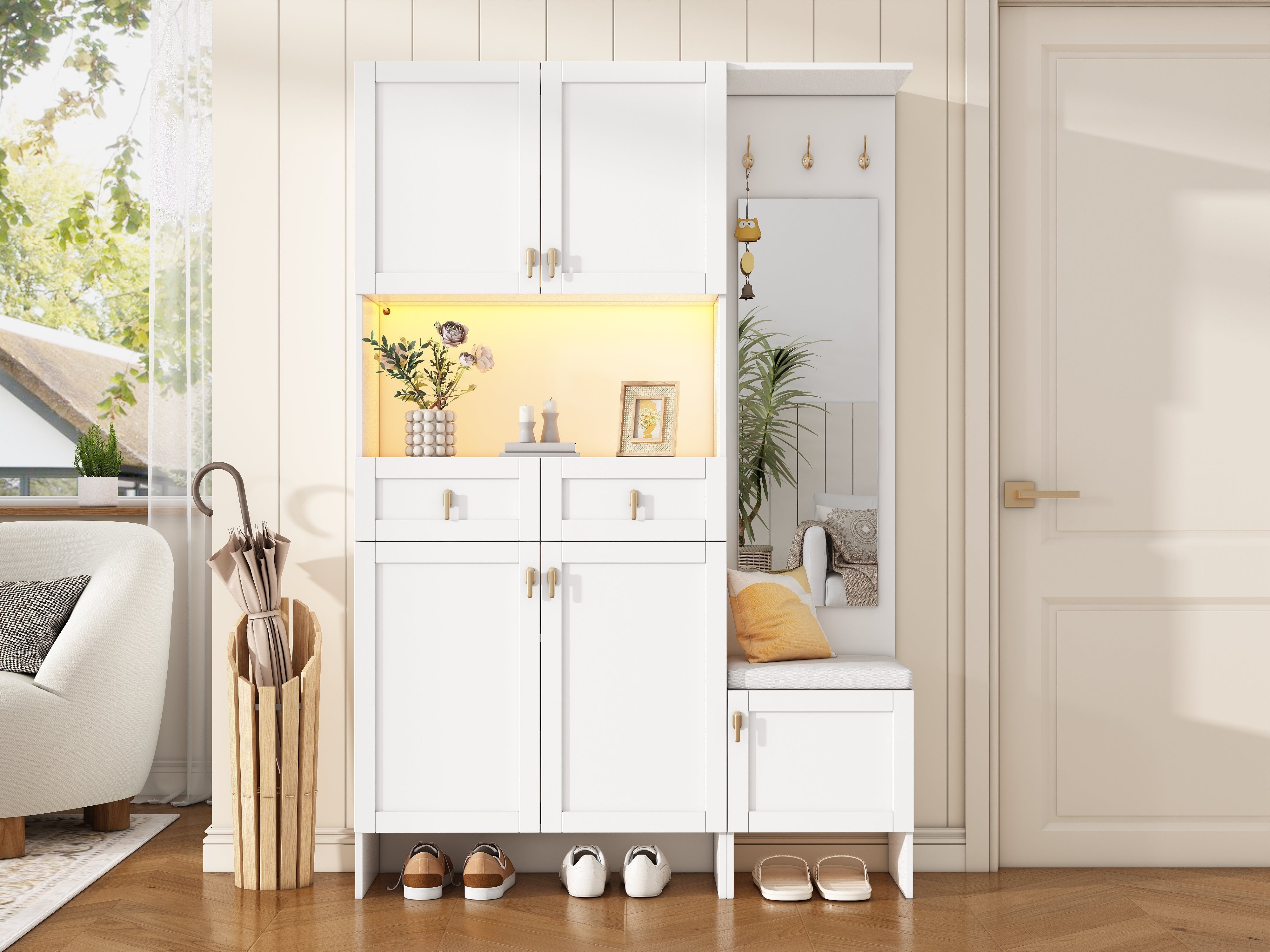 Wardrobe Set Shoe Bench Shoe Cabinet Mirror Storage - White