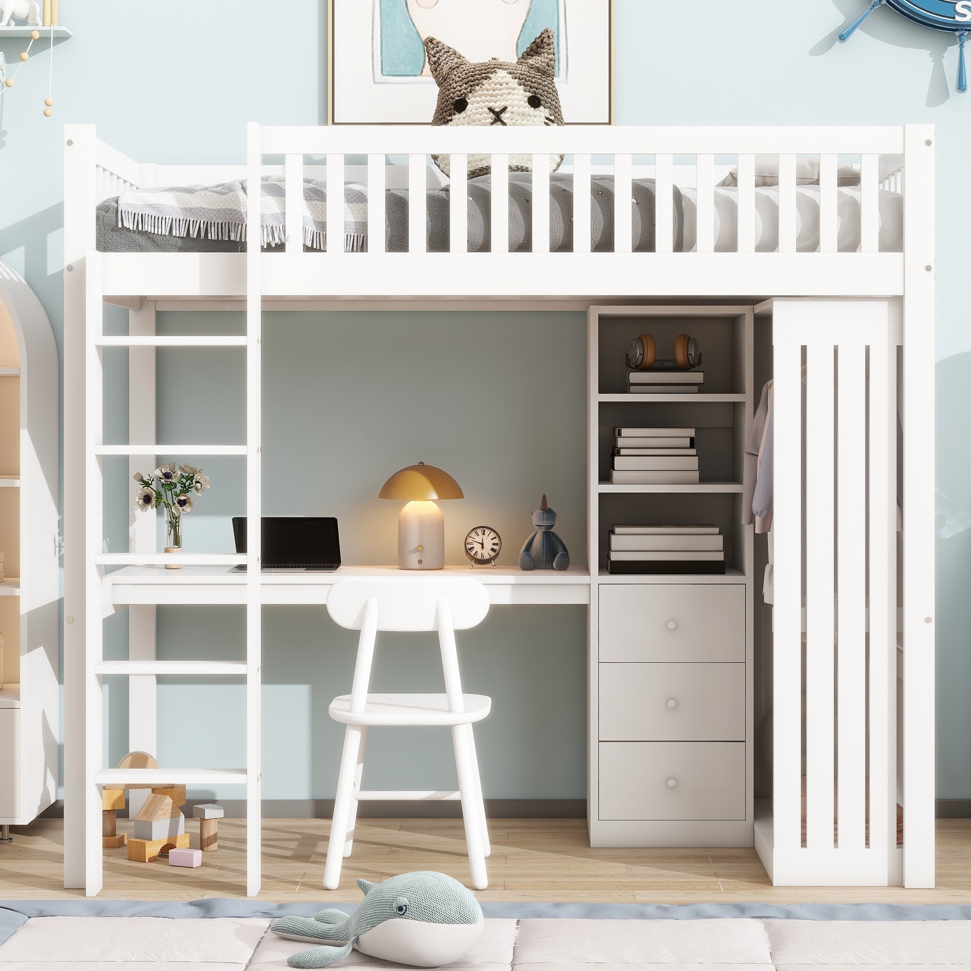 Loft Bed 90x200cm Desk Wardrobe 3 Drawers Stairs - White