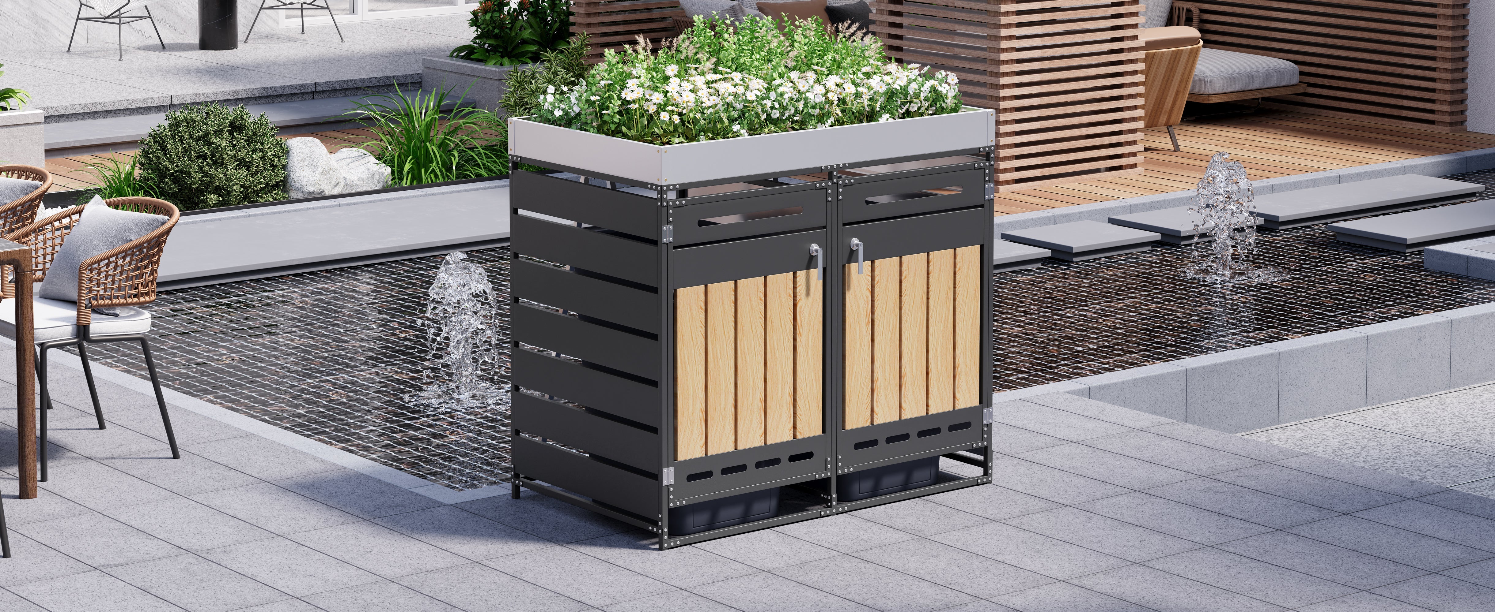 Outdoor Iron Bin Storage Cabinet with Planter Box, Slotted Ventilation and Lock, Wood Grain Panels