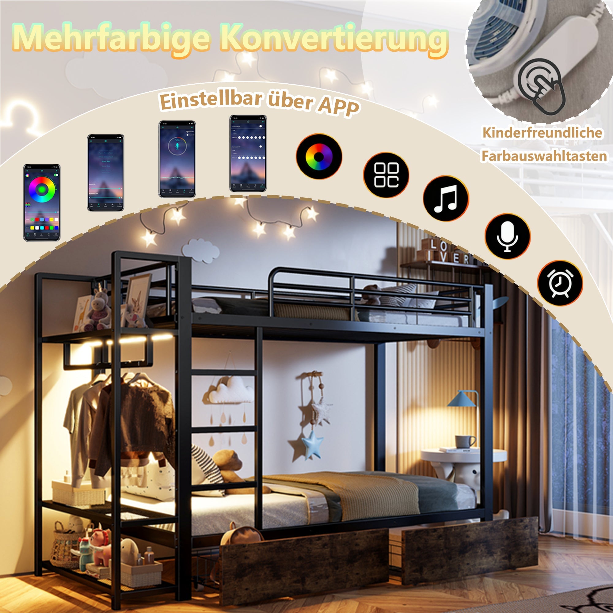 Bunk Bed with 2 Drawers, Shelves, LED and Clothes Rail, 90x200cm, Black Iron Frame