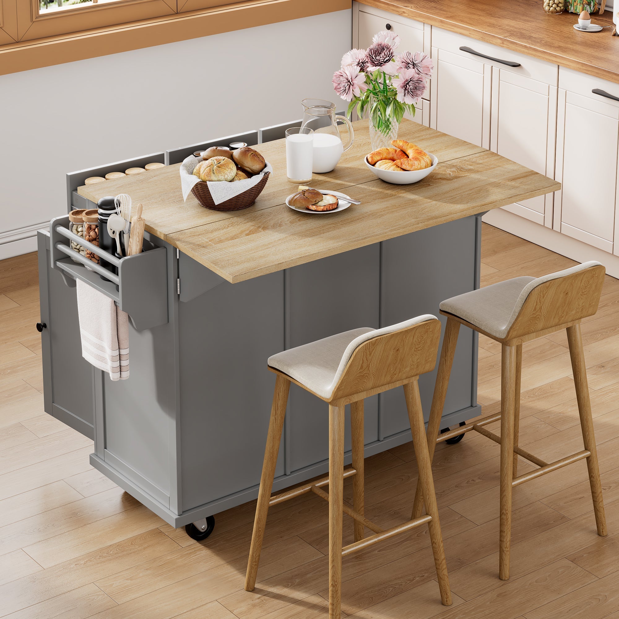 Mobile Kitchen Island with Extendable Dining Area and Waste Bin, Grey