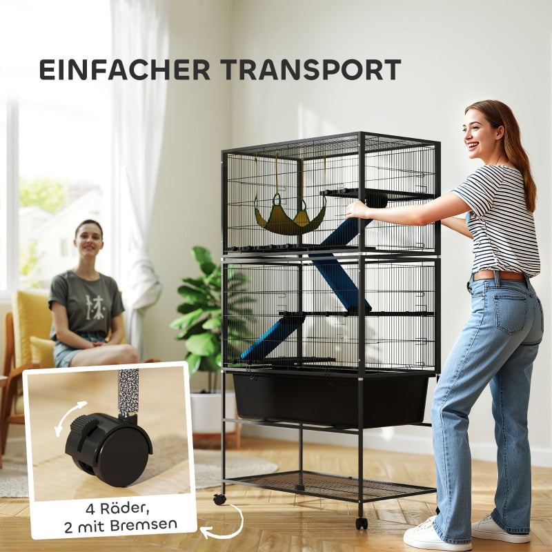 Kleintierkäfig, 5 Ebenen, rutschfeste Rampen, Hängematte, Dunkelgrau