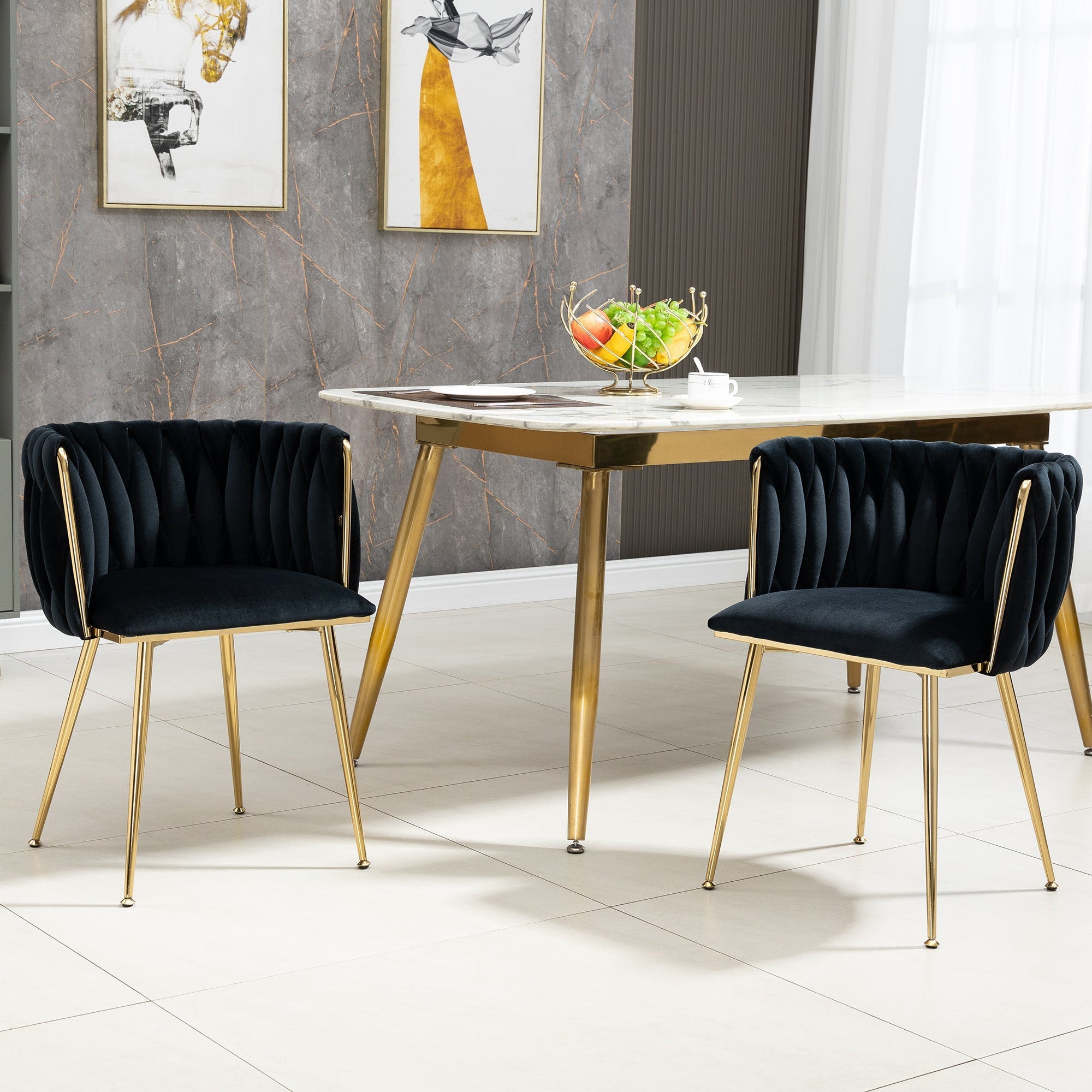 Dining Chair Set Modern Luxury Handwoven Gold Legs Soft Cushion Velvet (Set of 2)