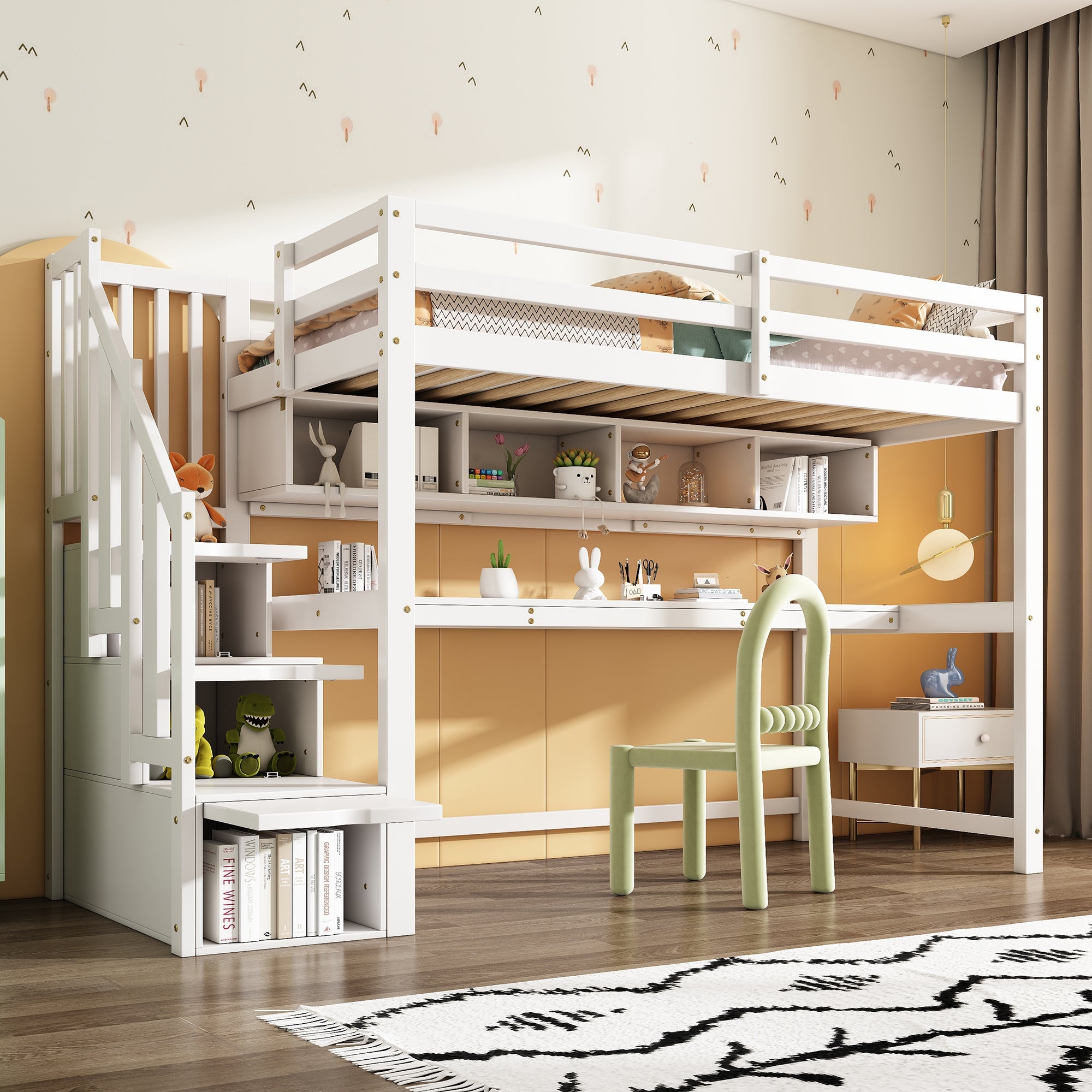 Loft Bed with Storage Stairs, Desk and Shelves, 90x200cm, White Solid Wood + MDF
