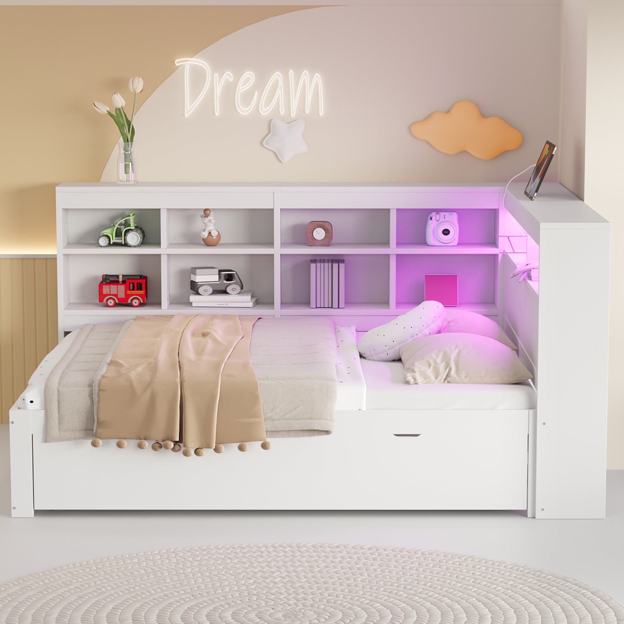 Solid Wood Sofa, 140x200cm Double Bed with Drawers, USB, LED, Shelves, White