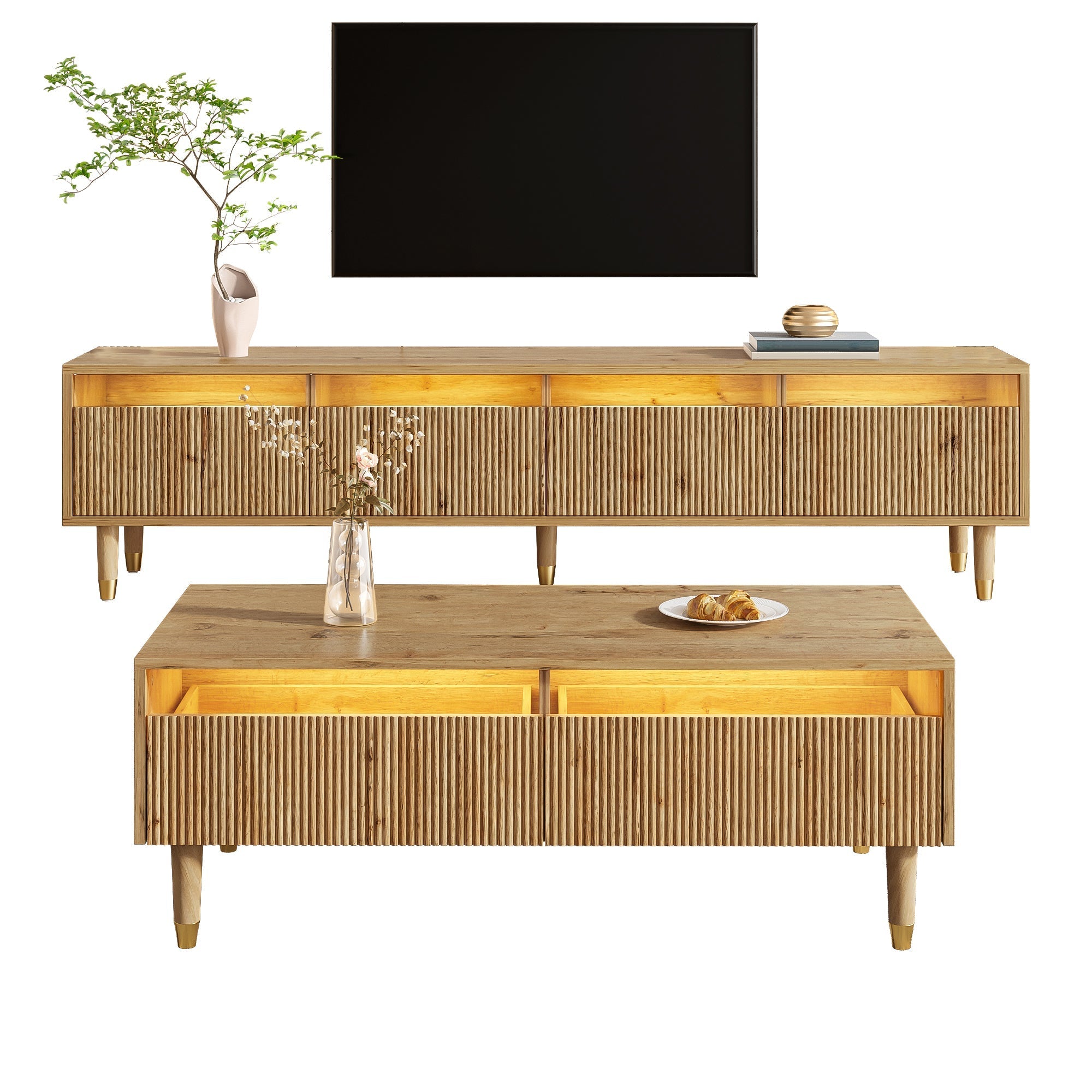 Modern LED Furniture Set: TV Cabinet 4 Doors Coffee Table 2 Drawers, Wood-Gold Design