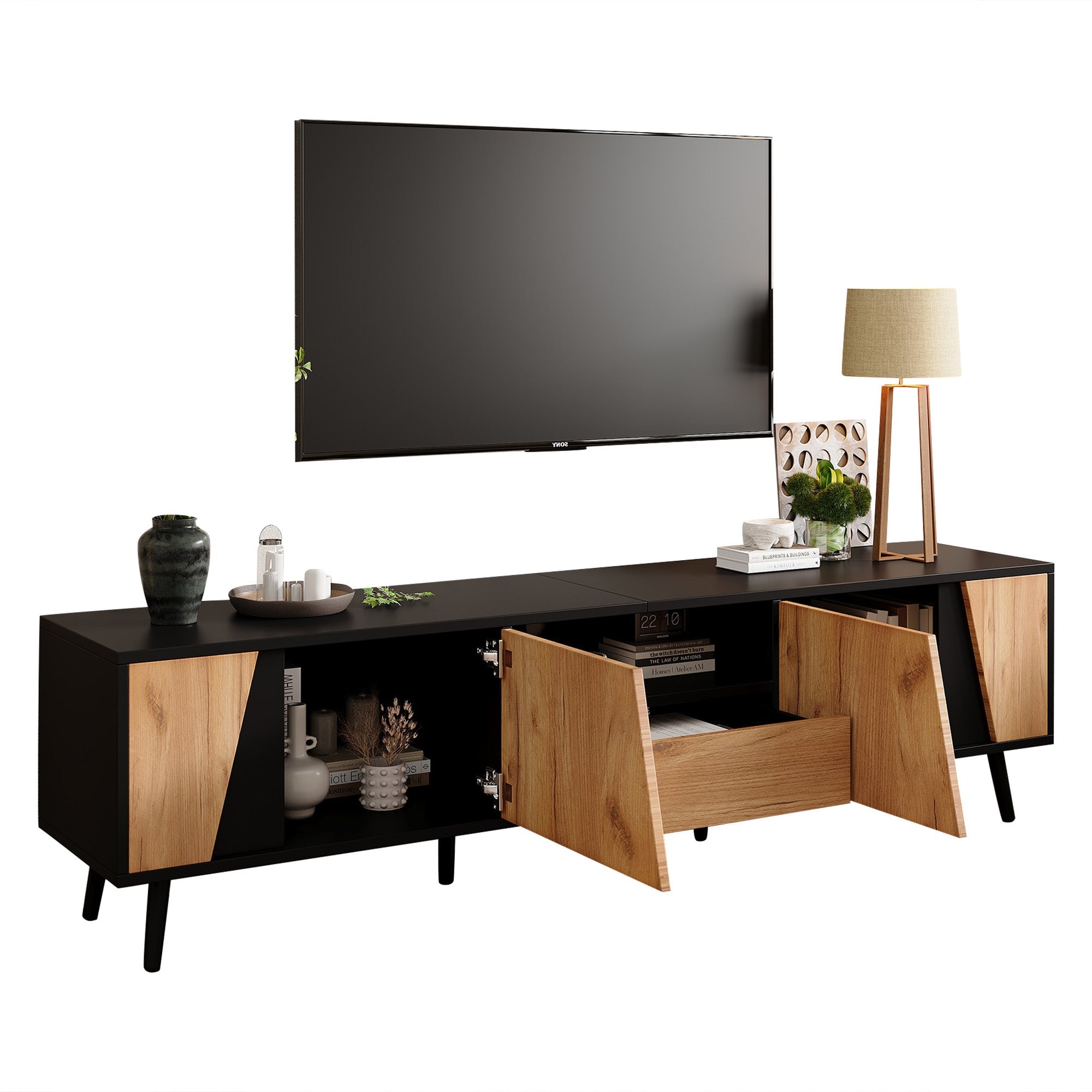 Lowboard TV Board, TV Cabinet with Drawers and 2 Cabinets, Modern Minimalist, Solid Wood
