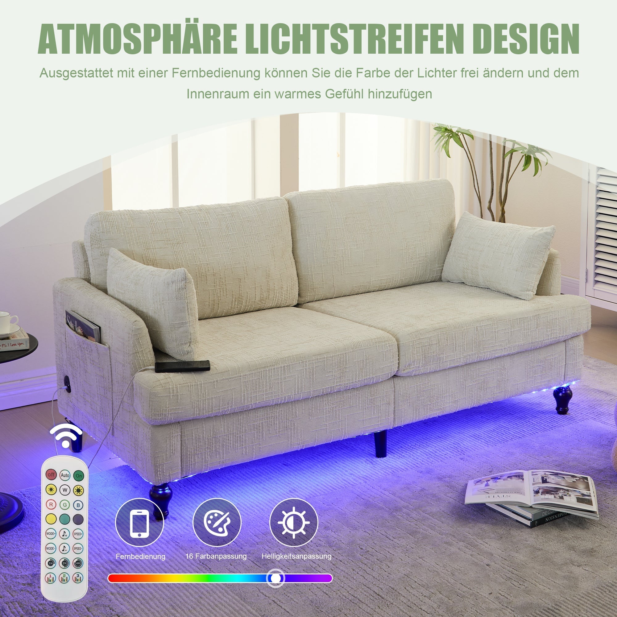 Sofa, 2-Seater with LED Light, USB & Storage, Chenille