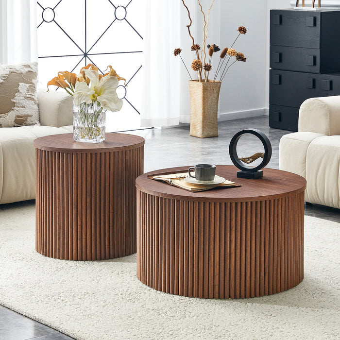2-Piece Nesting Coffee Table Set, Roman Column Round Design with Built-in Storage, Walnut Grain MDF