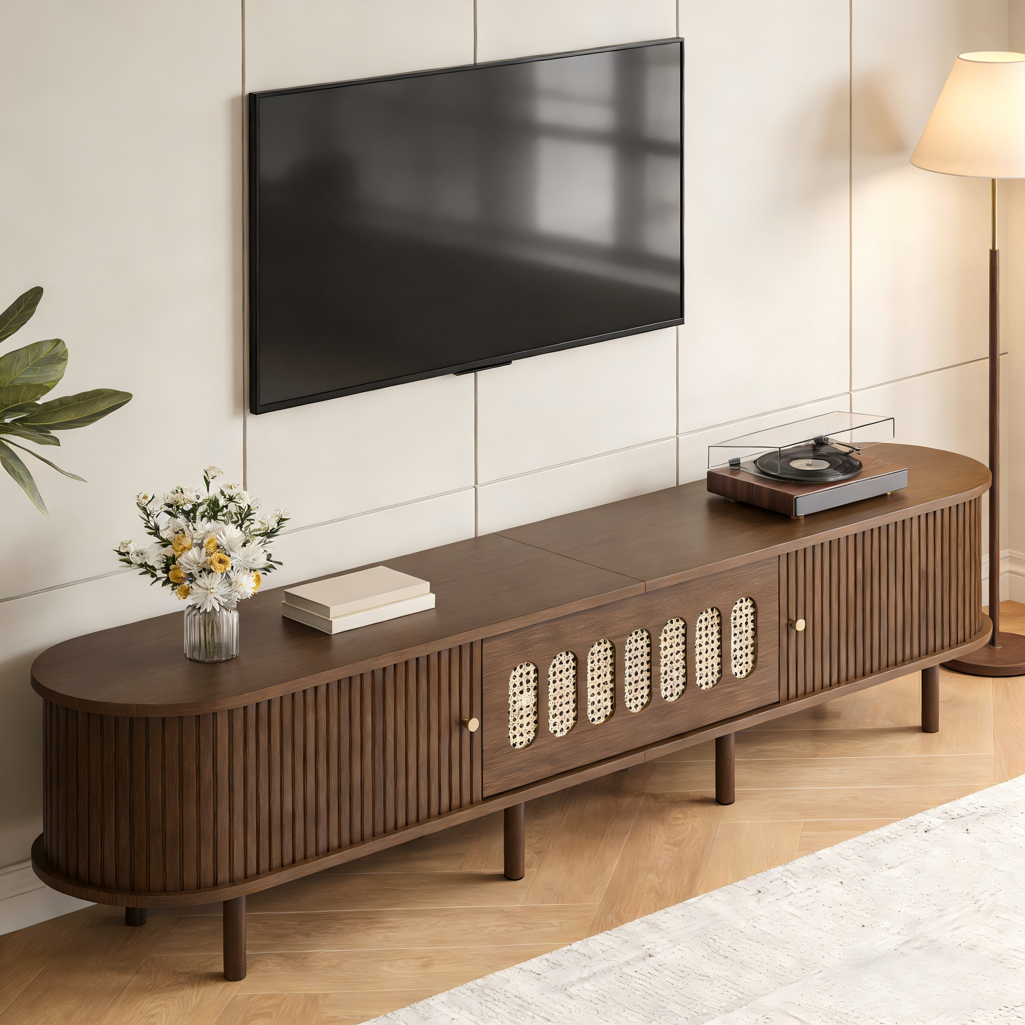 Oval TV Stand with Roll-Up Doors and Rattan Design, Dark Walnut MDF