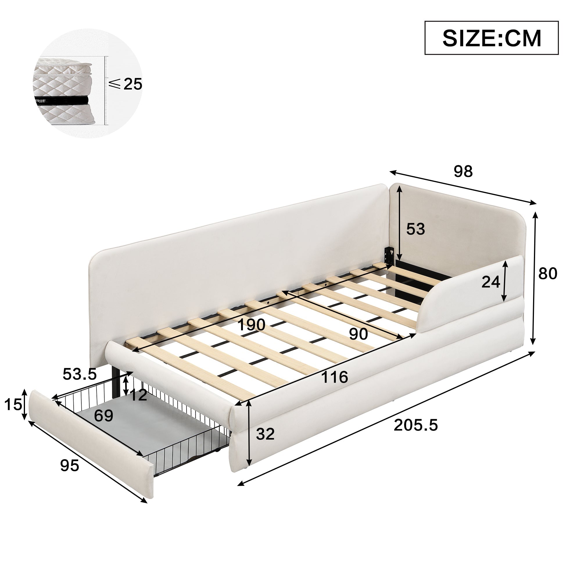 Upholstered Bed 3ft Single 90x190cm Drawer Footboard Side Rails Velvet Beige