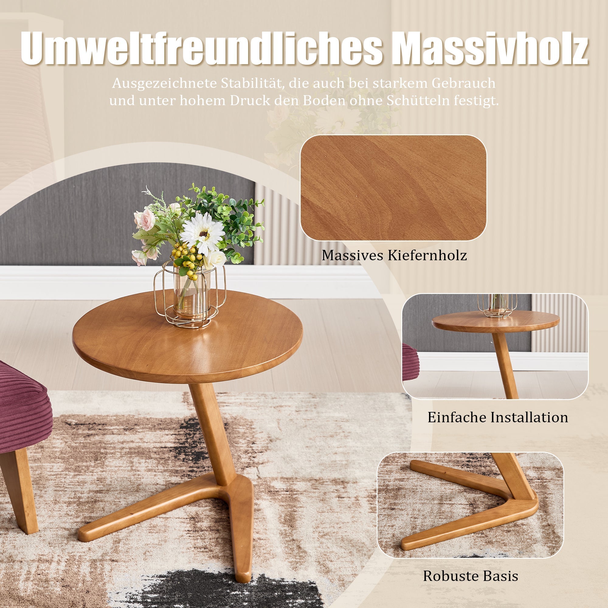 Round Wooden Table, Modern Minimalist Sofa Side TV Table for Small Spaces, Solid Wood
