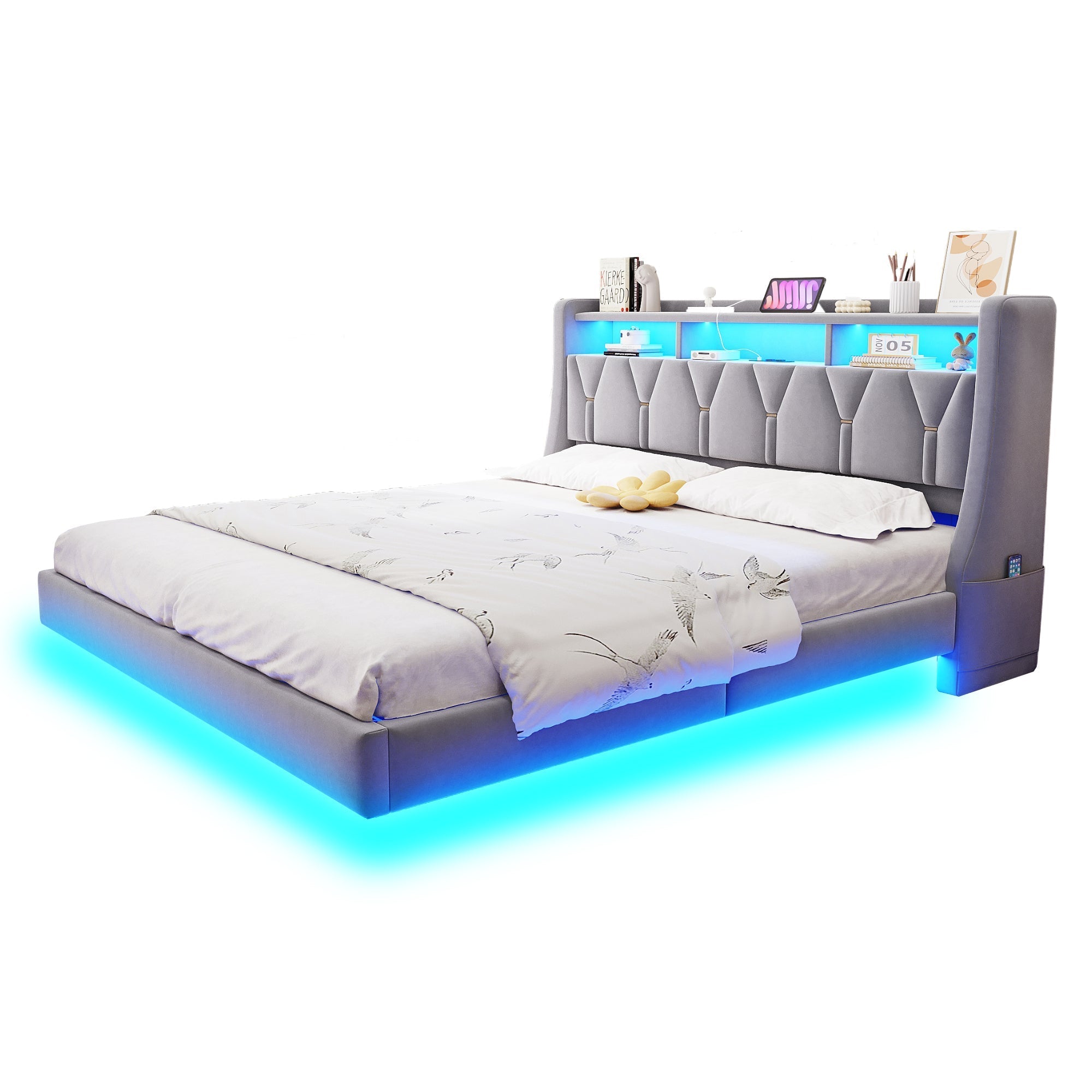 Upholstered Bed 180x200cm Hydraulic Storage Headboard with LED Socket Floating Design Light Grey Velvet
